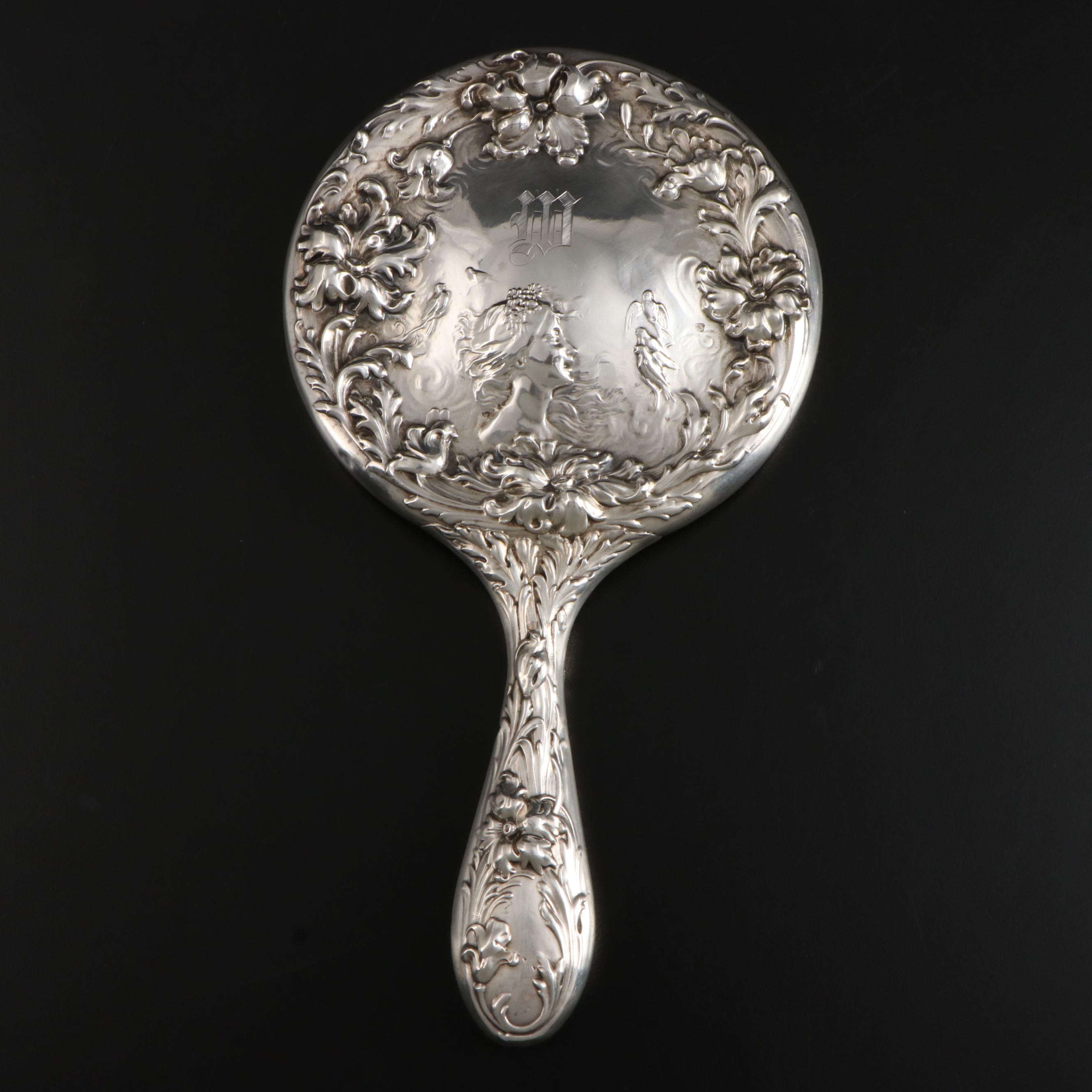 Foster & Baker Sterling Silver Hand Mirror with Sterling and Glass Vanity Jars