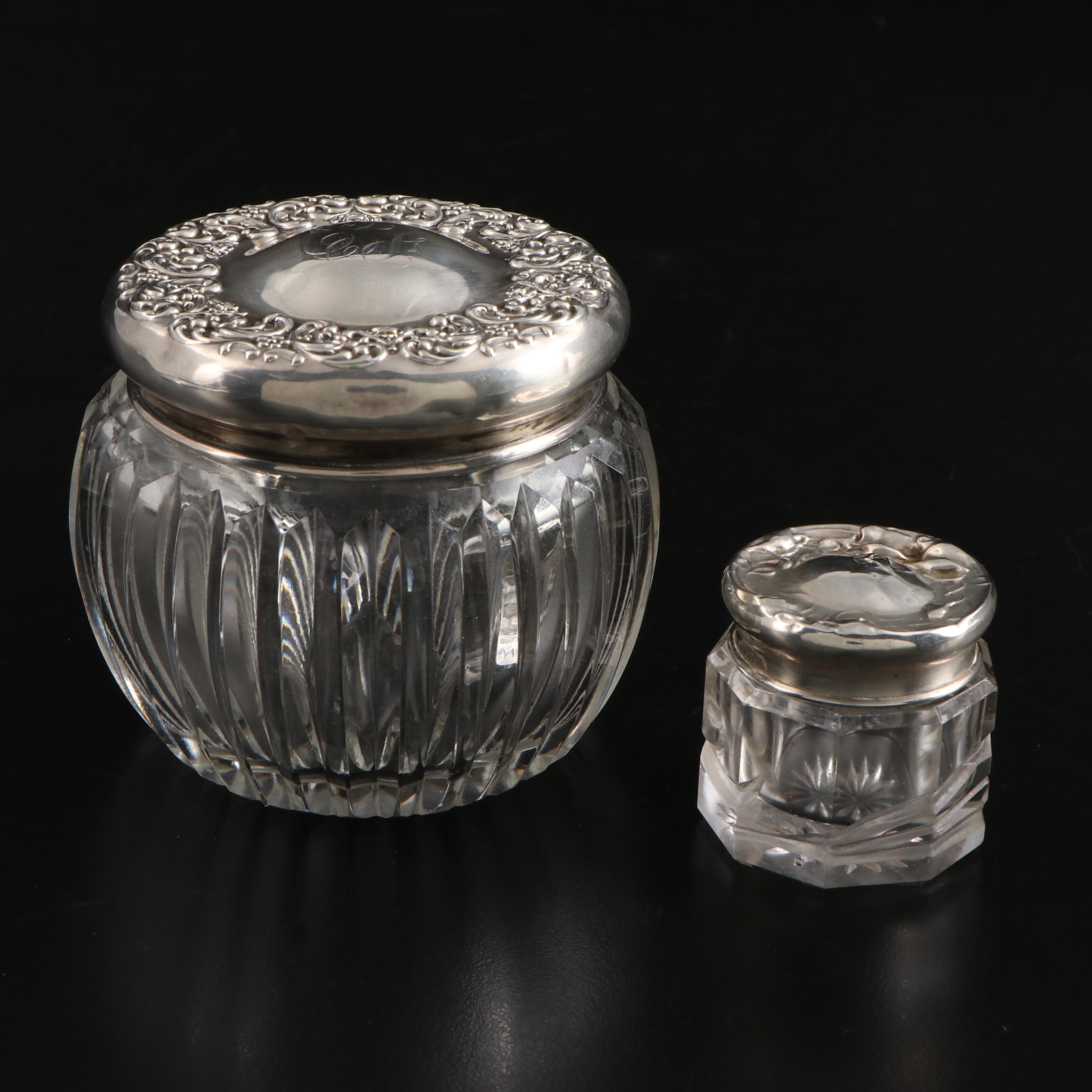 Foster & Baker Sterling Silver Hand Mirror with Sterling and Glass Vanity Jars