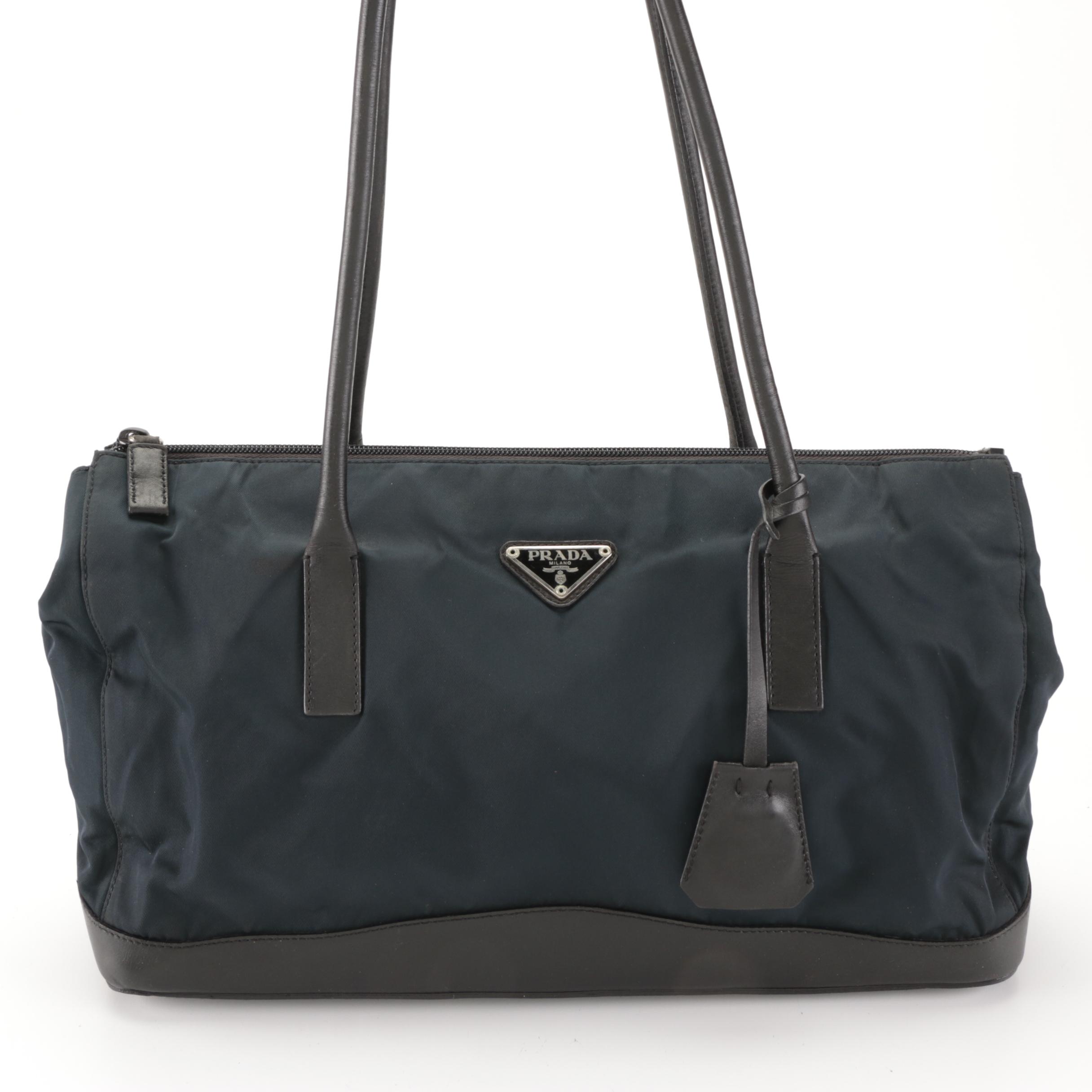 Prada Tessuto Shoulder Bag in Navy Nylon and Black Leather Trim
