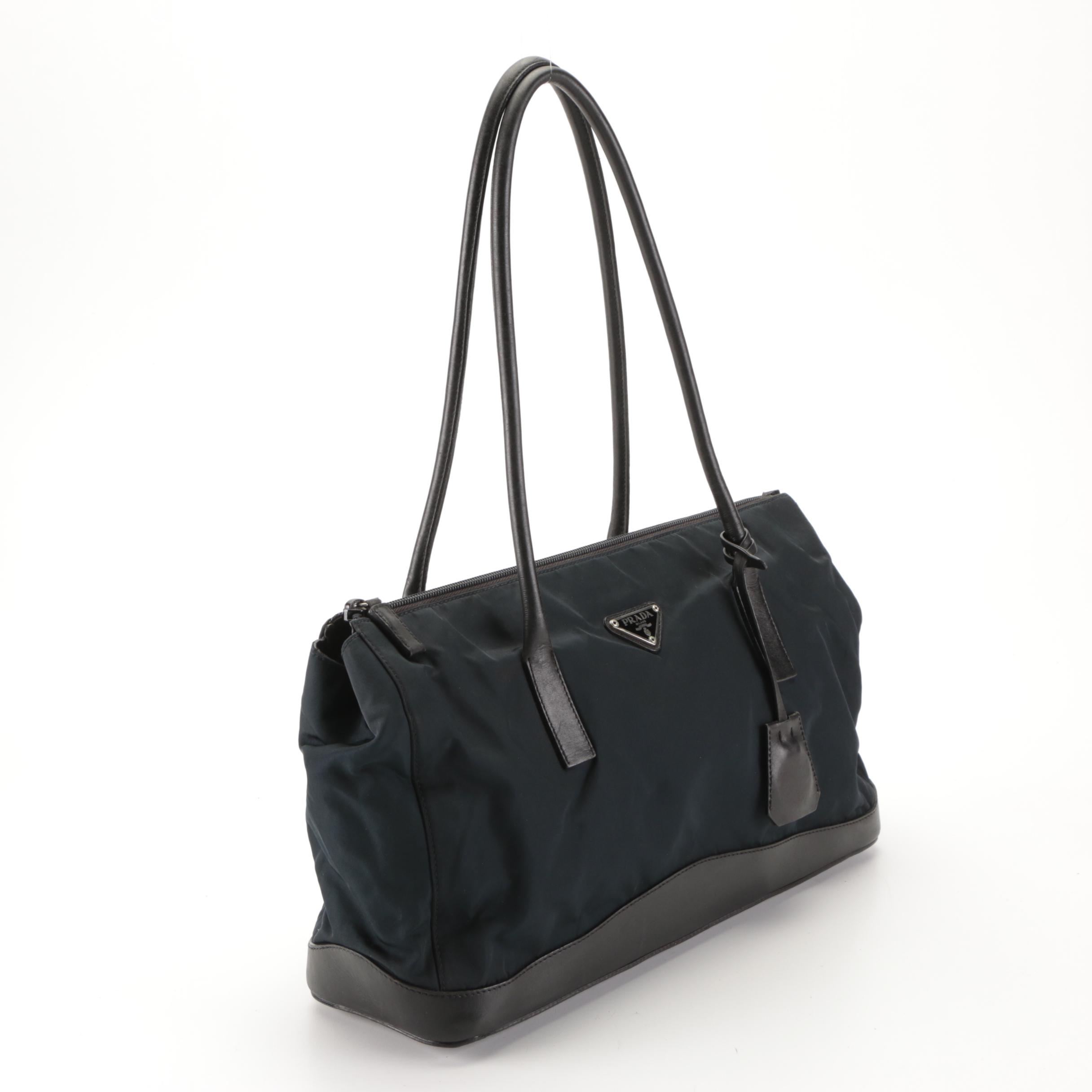 Prada Tessuto Shoulder Bag in Navy Nylon and Black Leather Trim