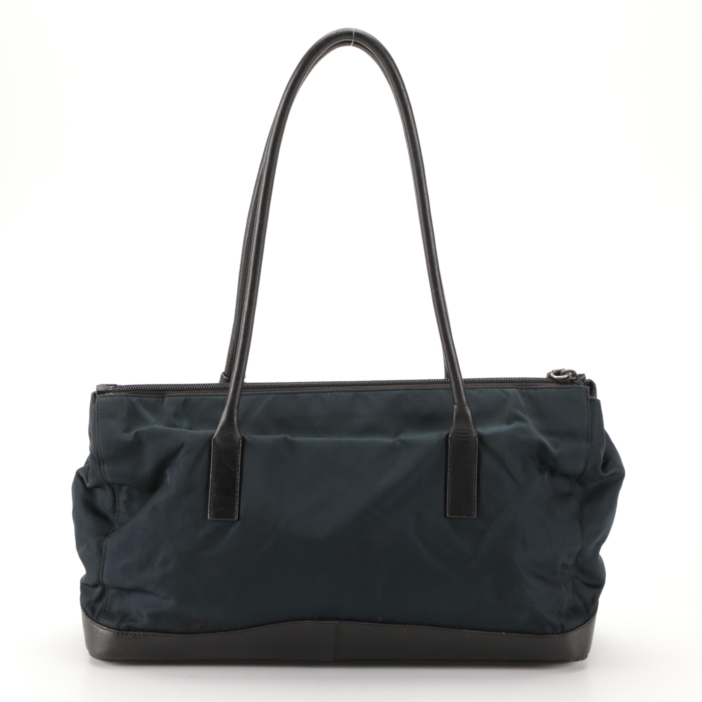 Prada Tessuto Shoulder Bag in Navy Nylon and Black Leather Trim