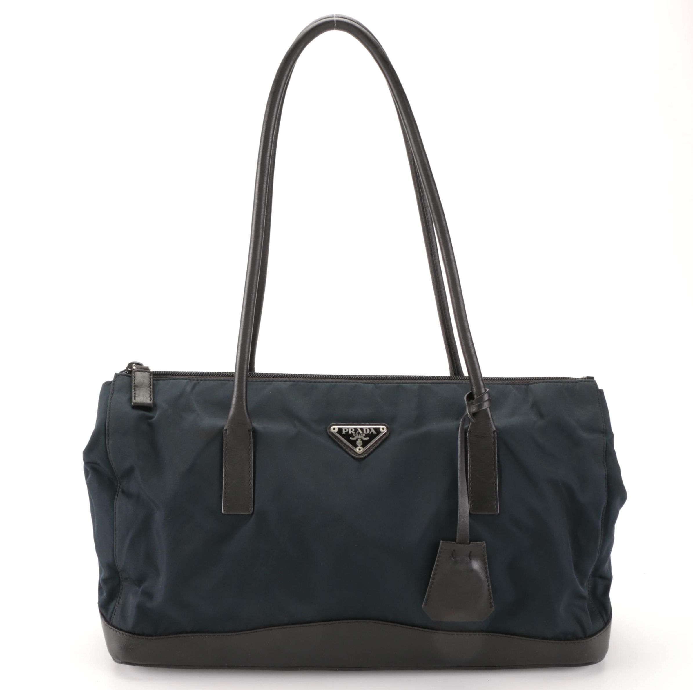 Prada Tessuto Shoulder Bag in Navy Nylon and Black Leather Trim