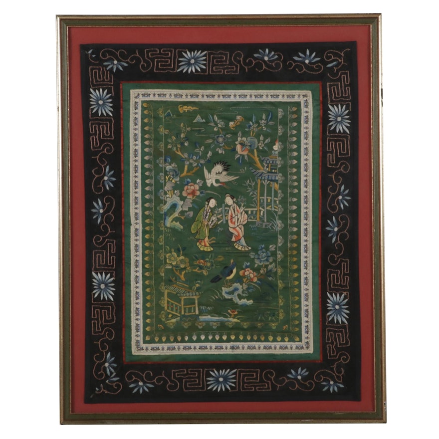 Chinese Embroidered Birds and Couple Silk Panel Wall Hanging