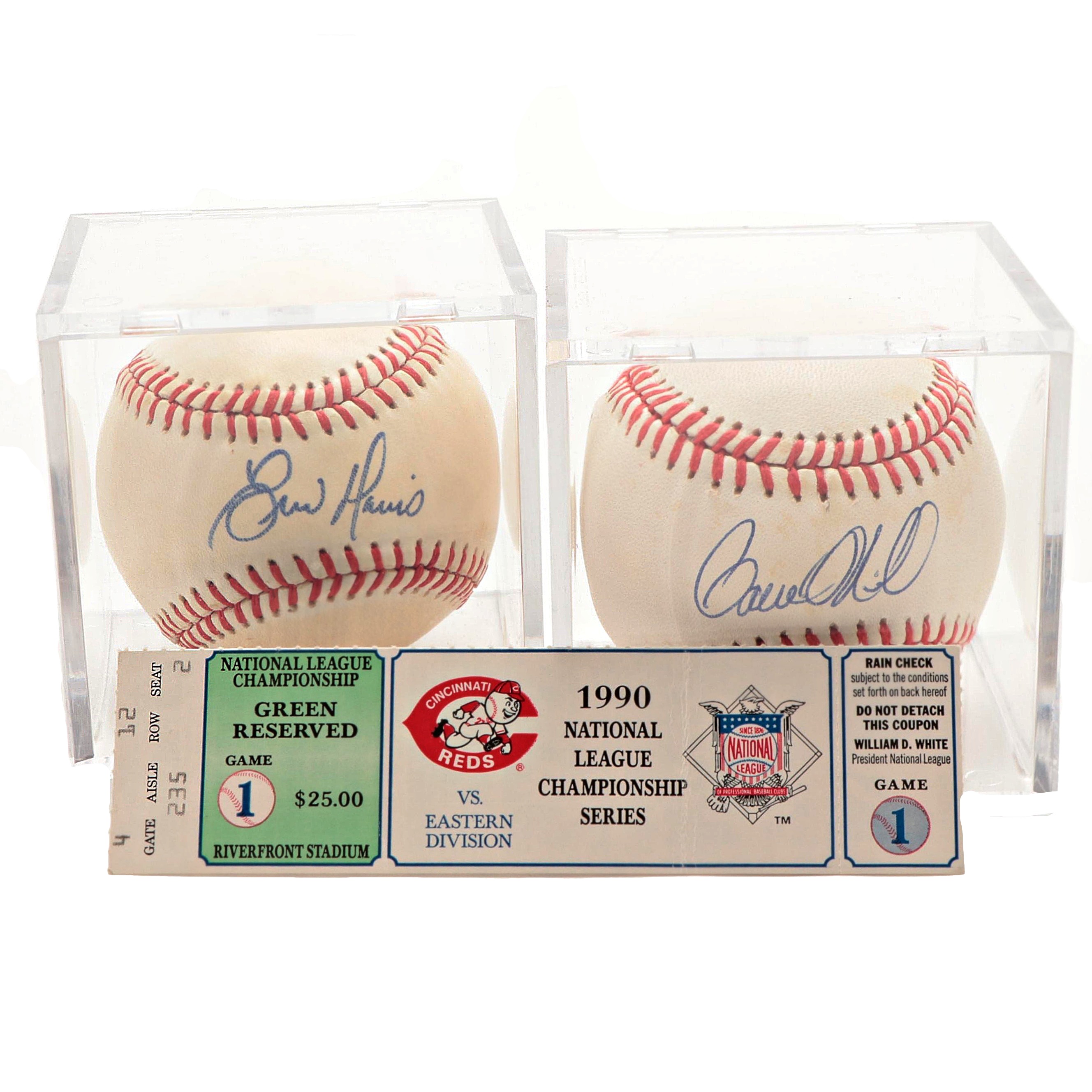 Eric Davis, Paul O'Neill Signed Baseballs, 1990 NL Championship Ticket