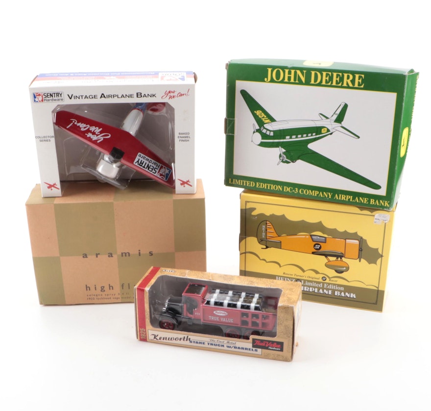 John Deere DC-3 and Other Diecast Metal Banks with Ertl Stake Truck
