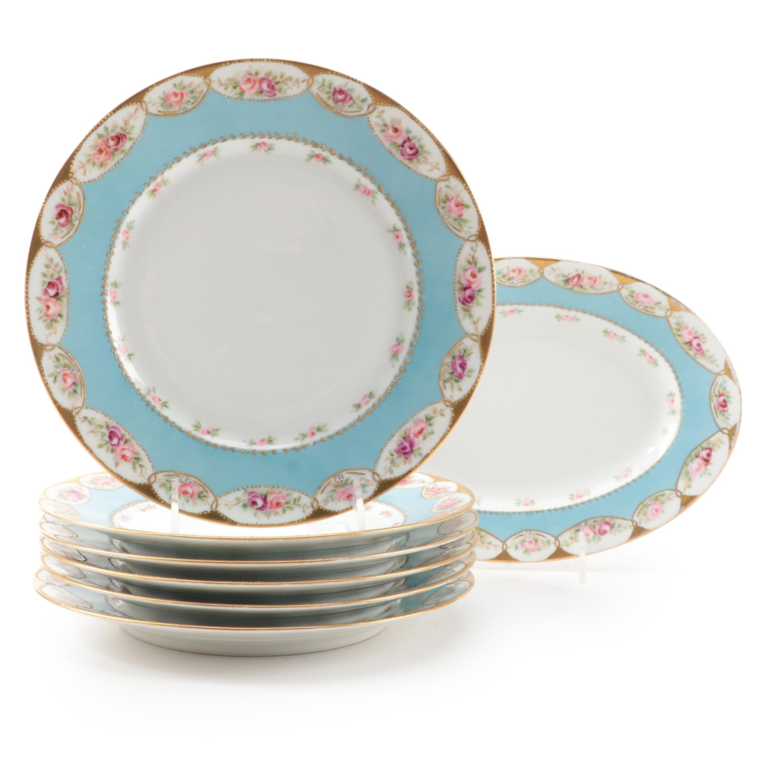 Haviland & Co. Hand-Painted Limoges Porcelain Dinner Plates and Serving Dish