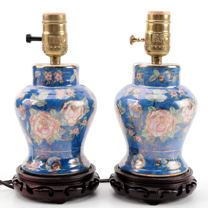 Pair of Chinese Hand-Painted Porcelain Boudoir Lamps, Late 20th Century