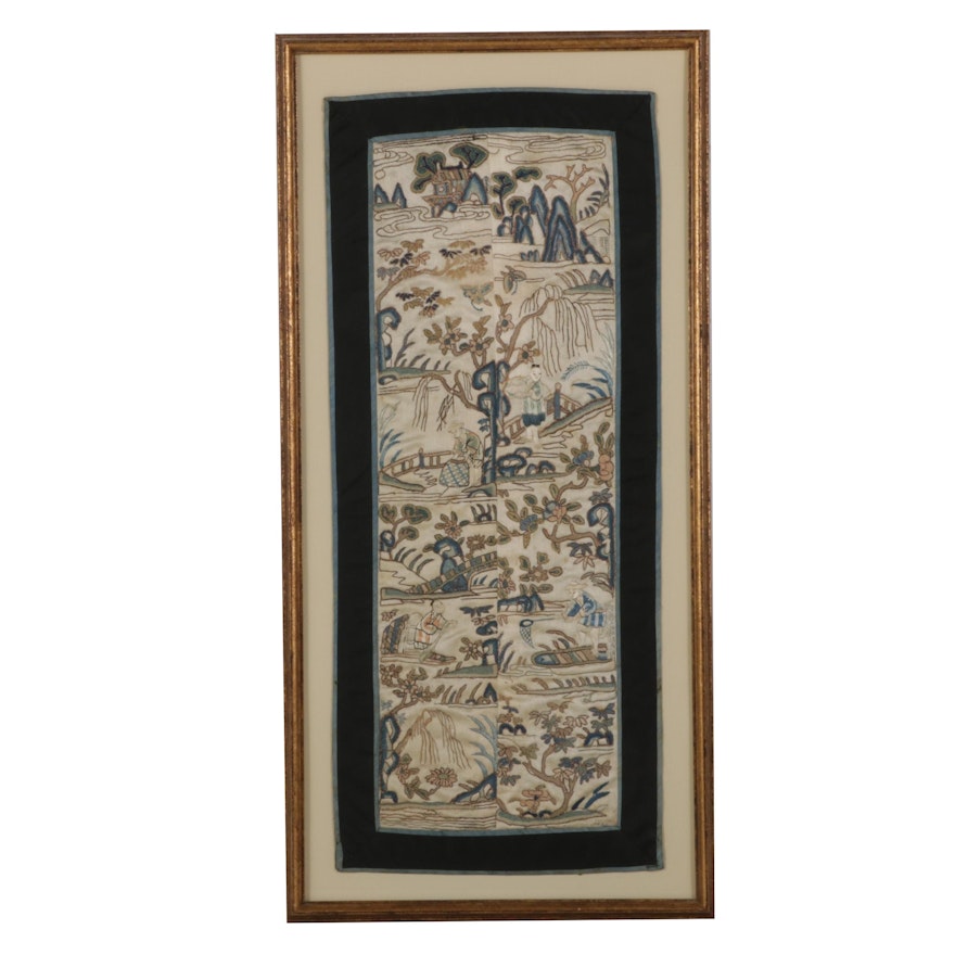 Chinese Embroidered Riverside Merchants and Boats Silk Panel Wall Hanging