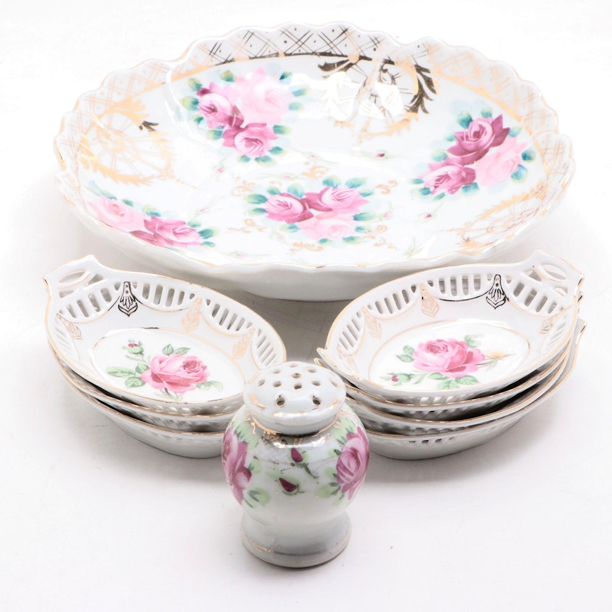 Victorian Hand-Painted Porcelain Bowl with Bavarian Nut Dishes and Tableware