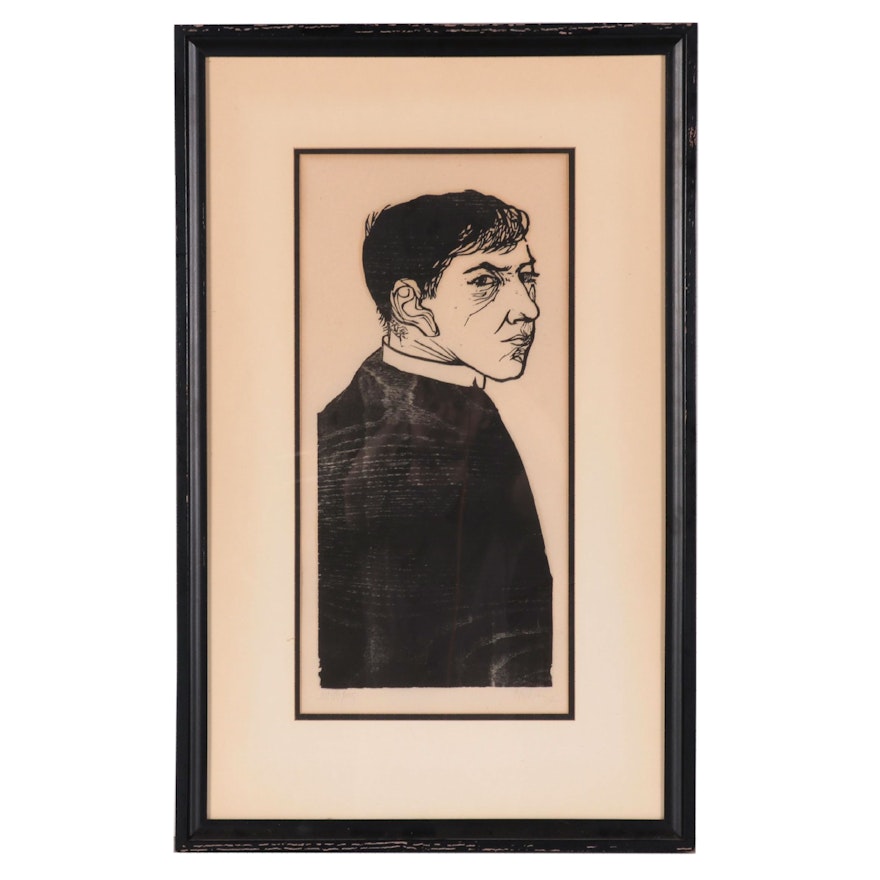 Leonard Baskin Portrait Woodcut of Priest, 1952