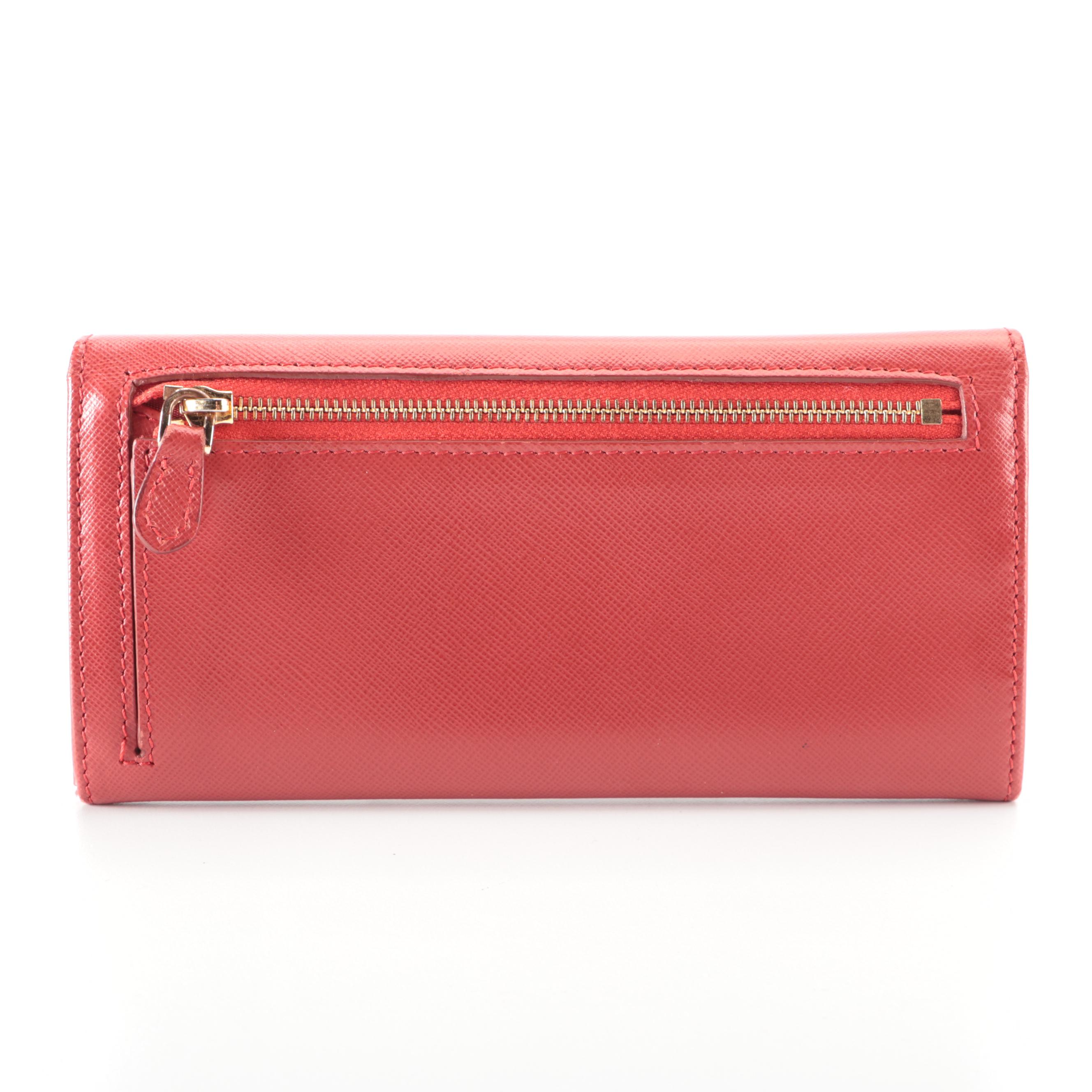 Prada Double-Snap Long Wallet in Red Saffiano Leather