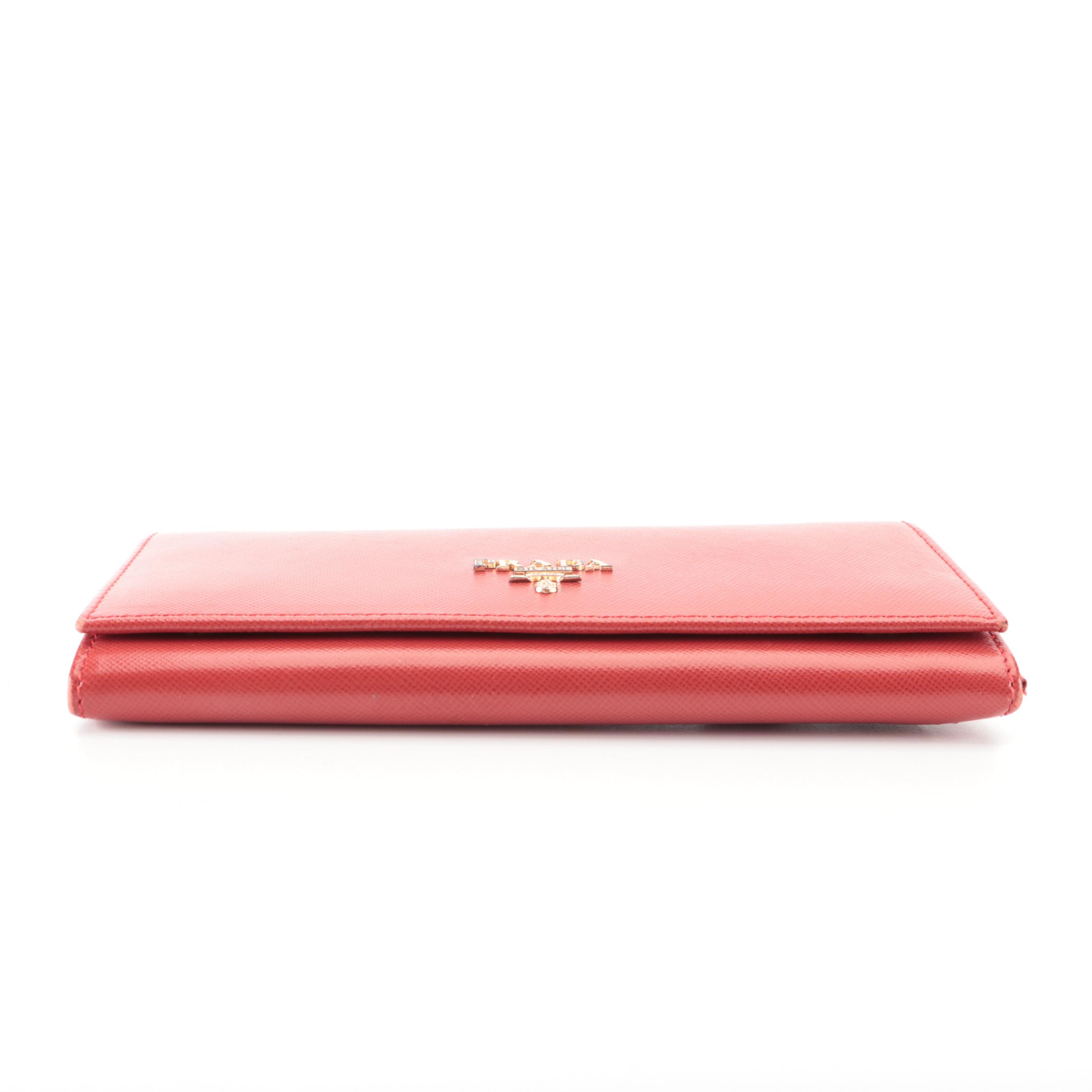 Prada Double-Snap Long Wallet in Red Saffiano Leather