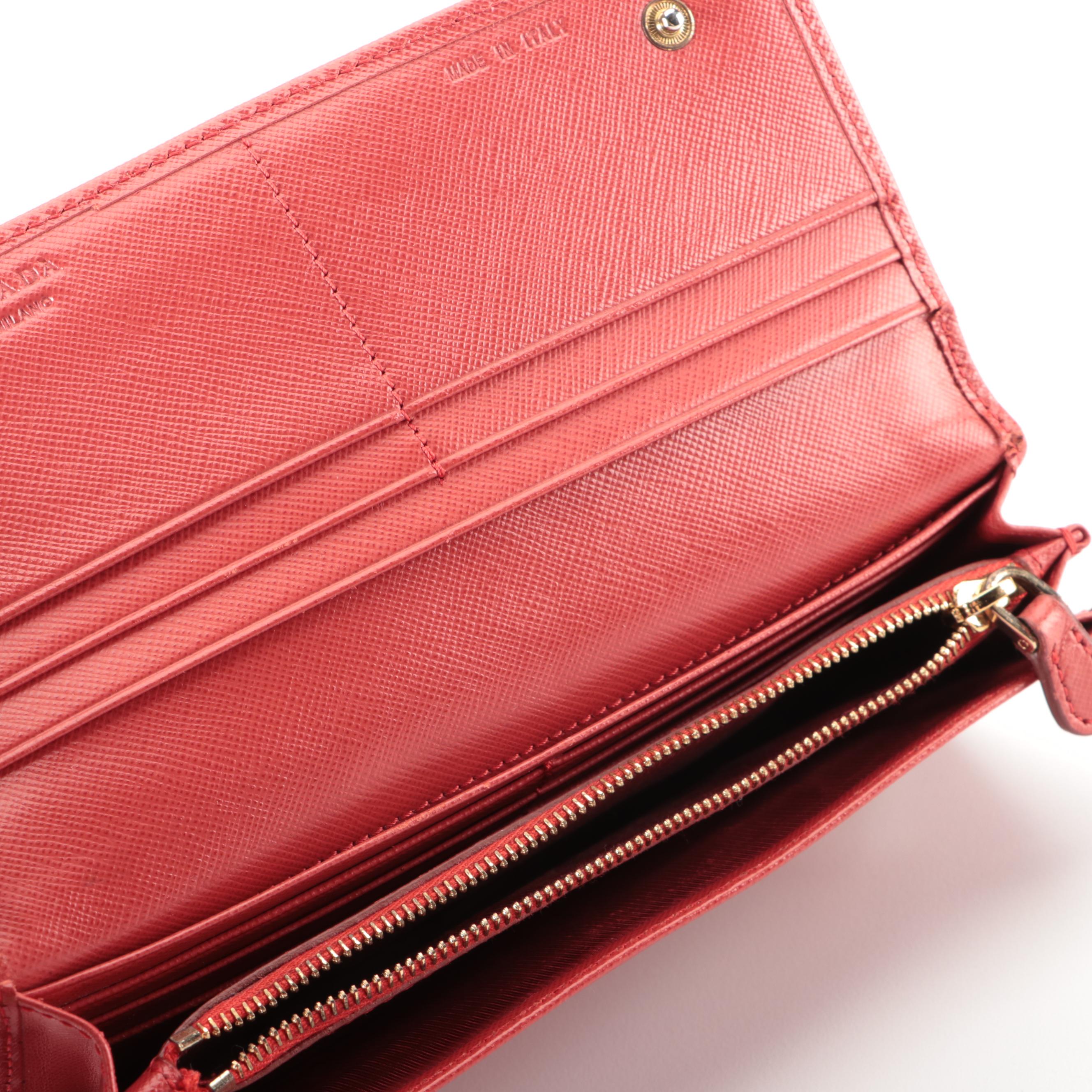 Prada Double-Snap Long Wallet in Red Saffiano Leather