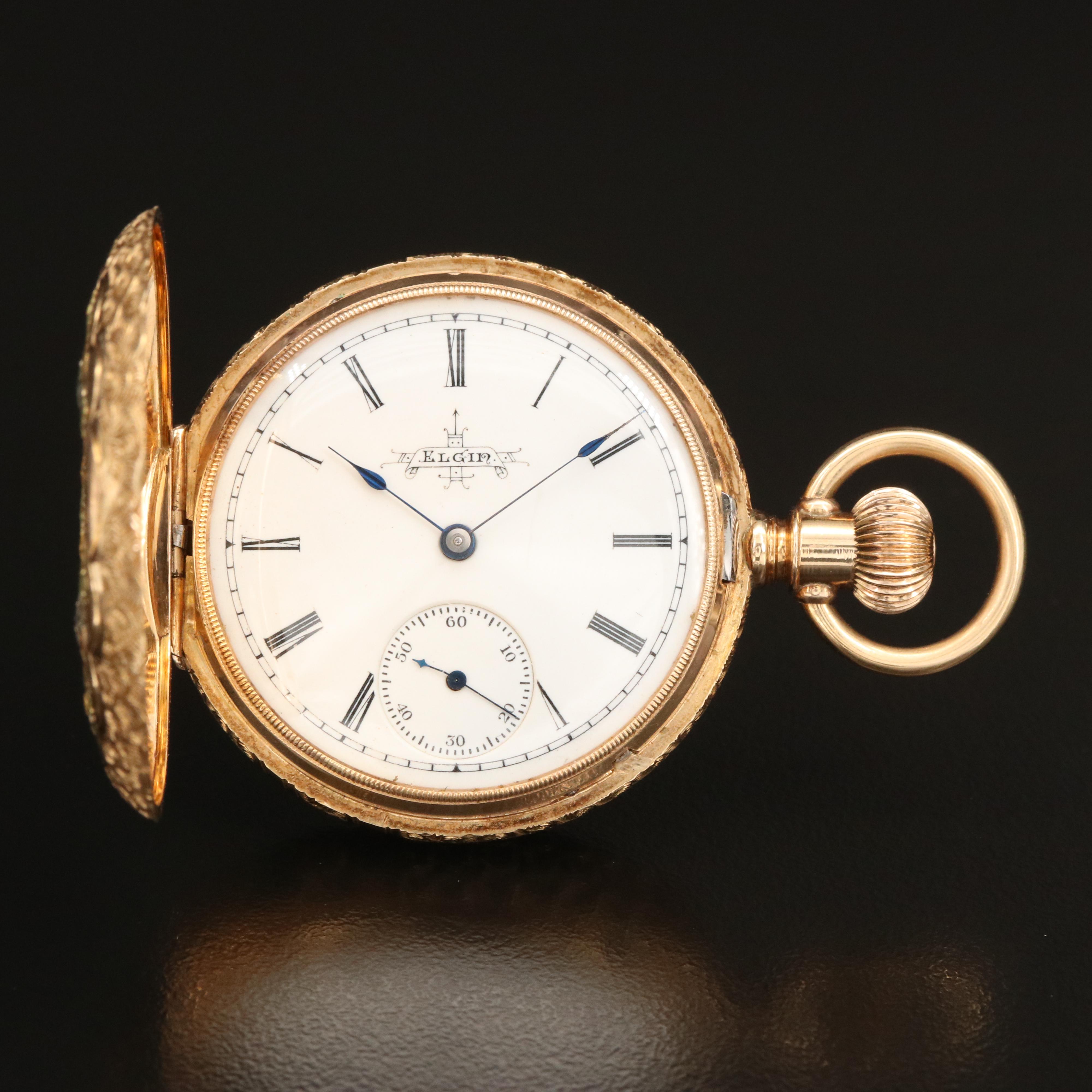 14K Elgin Ornate Multi-Colored Gold Hunting Case Pocket Watch