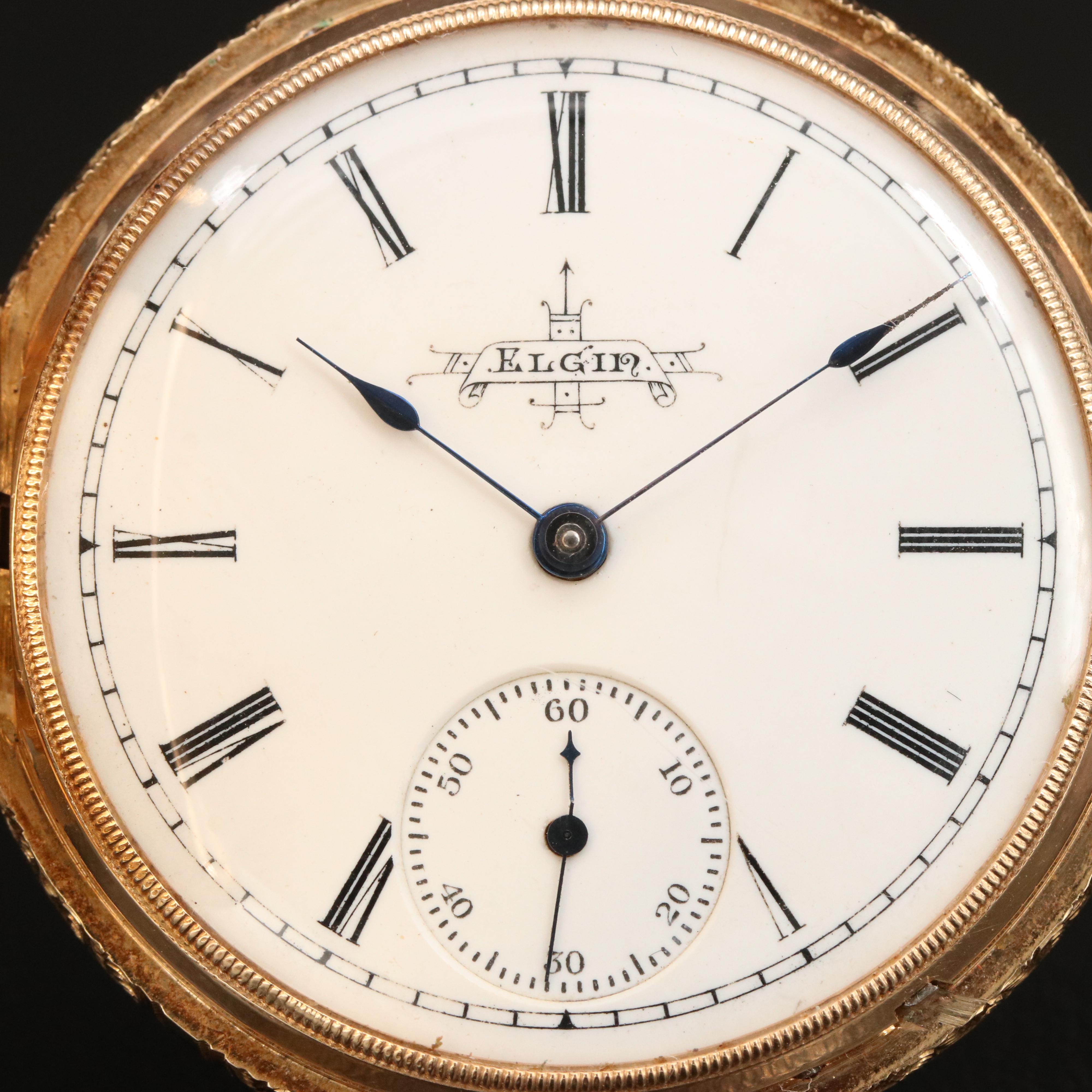 14K Elgin Ornate Multi-Colored Gold Hunting Case Pocket Watch