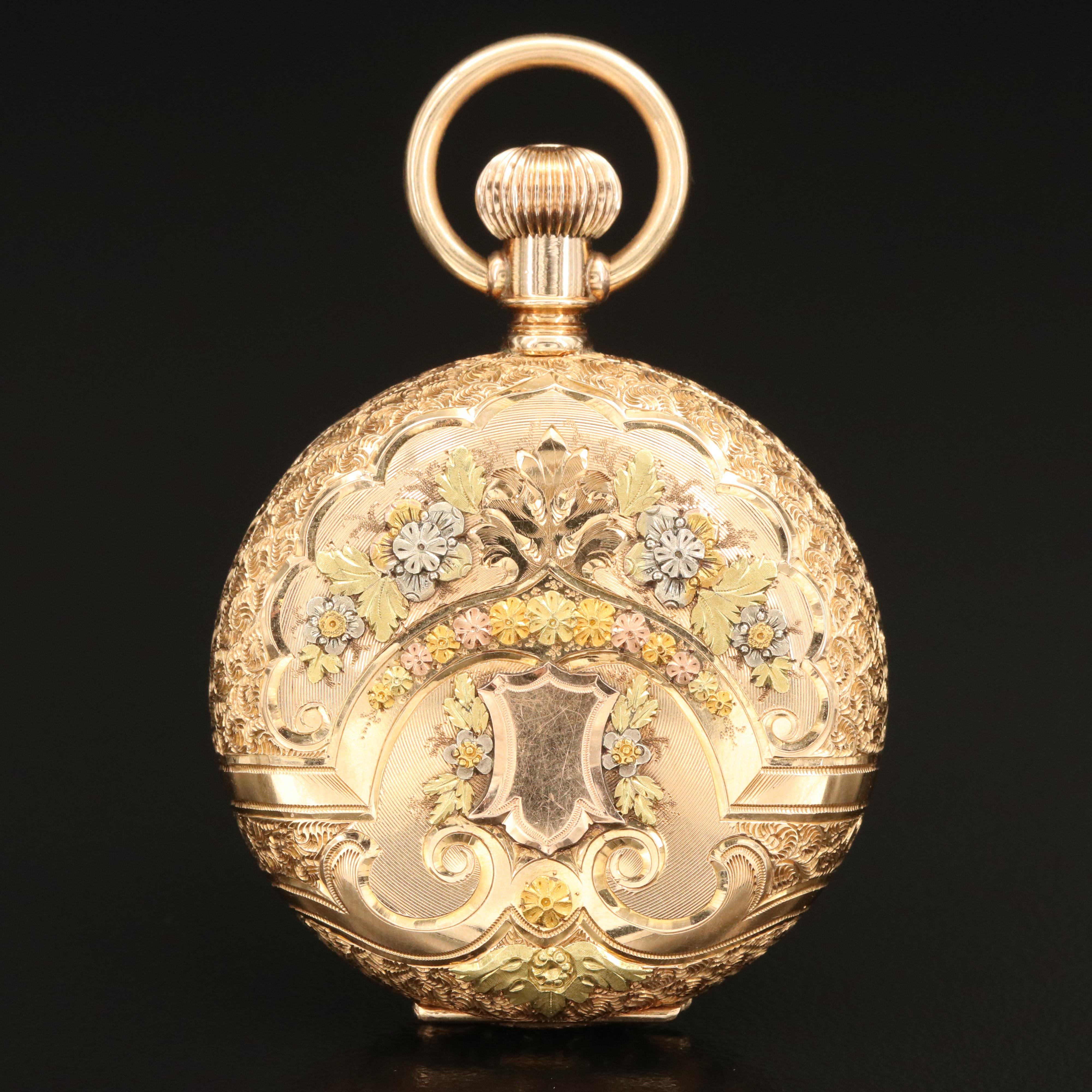 14K Elgin Ornate Multi-Colored Gold Hunting Case Pocket Watch