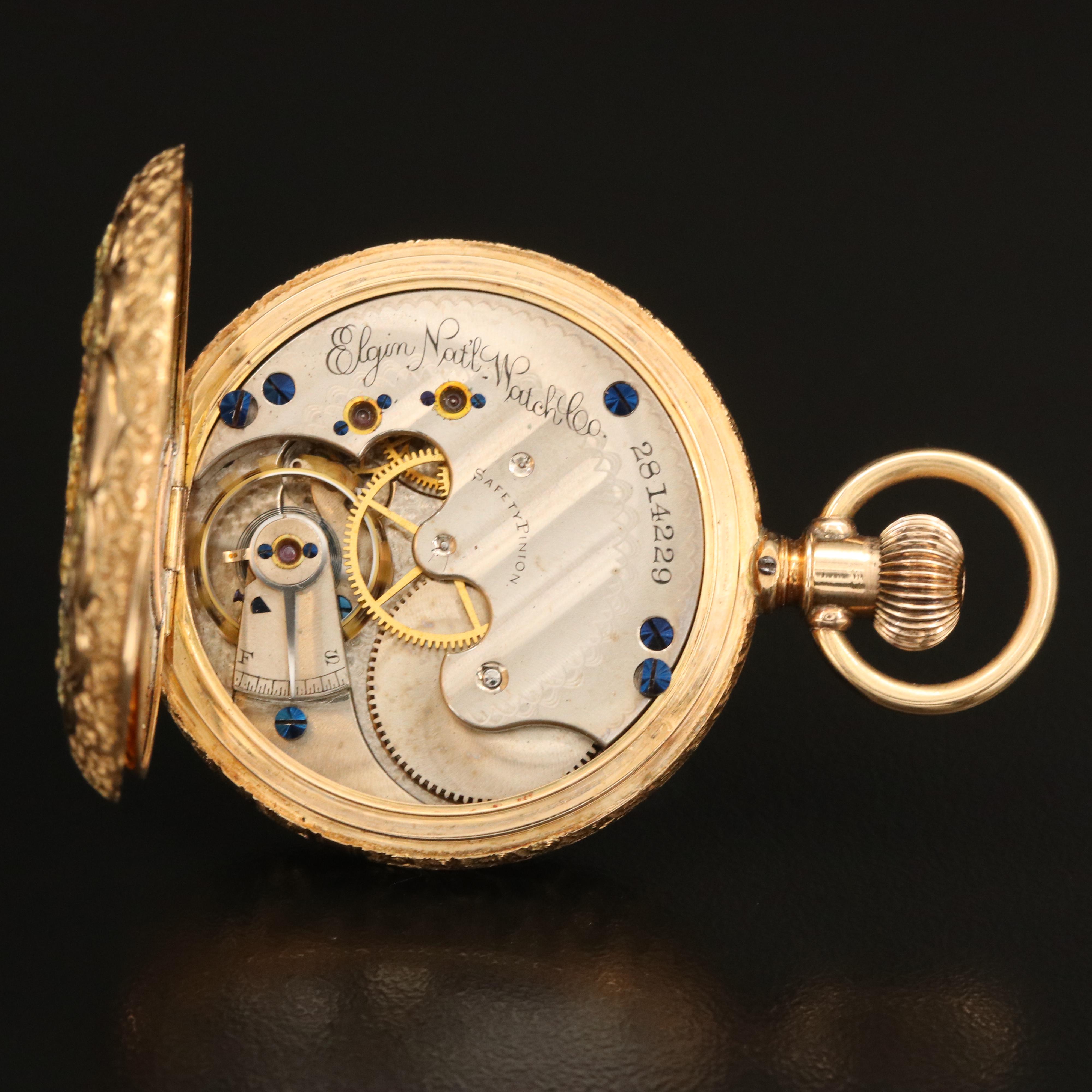 14K Elgin Ornate Multi-Colored Gold Hunting Case Pocket Watch