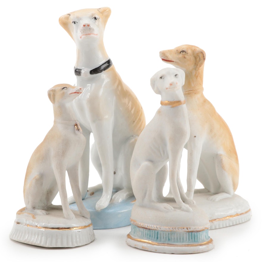 European Porcelain and Bisque Seated Greyhound Figurines, Late 19th Century