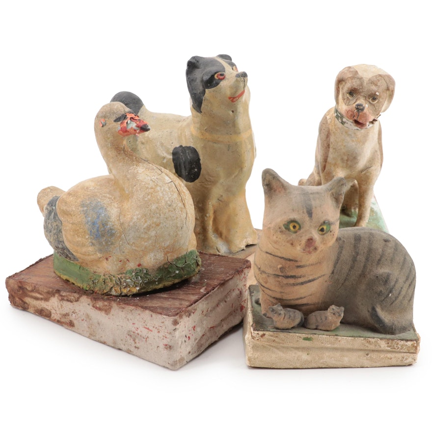 Victorian Hand-Painted Papier-mâché Dogs, Cat, and Swan Pipsqueak Toys