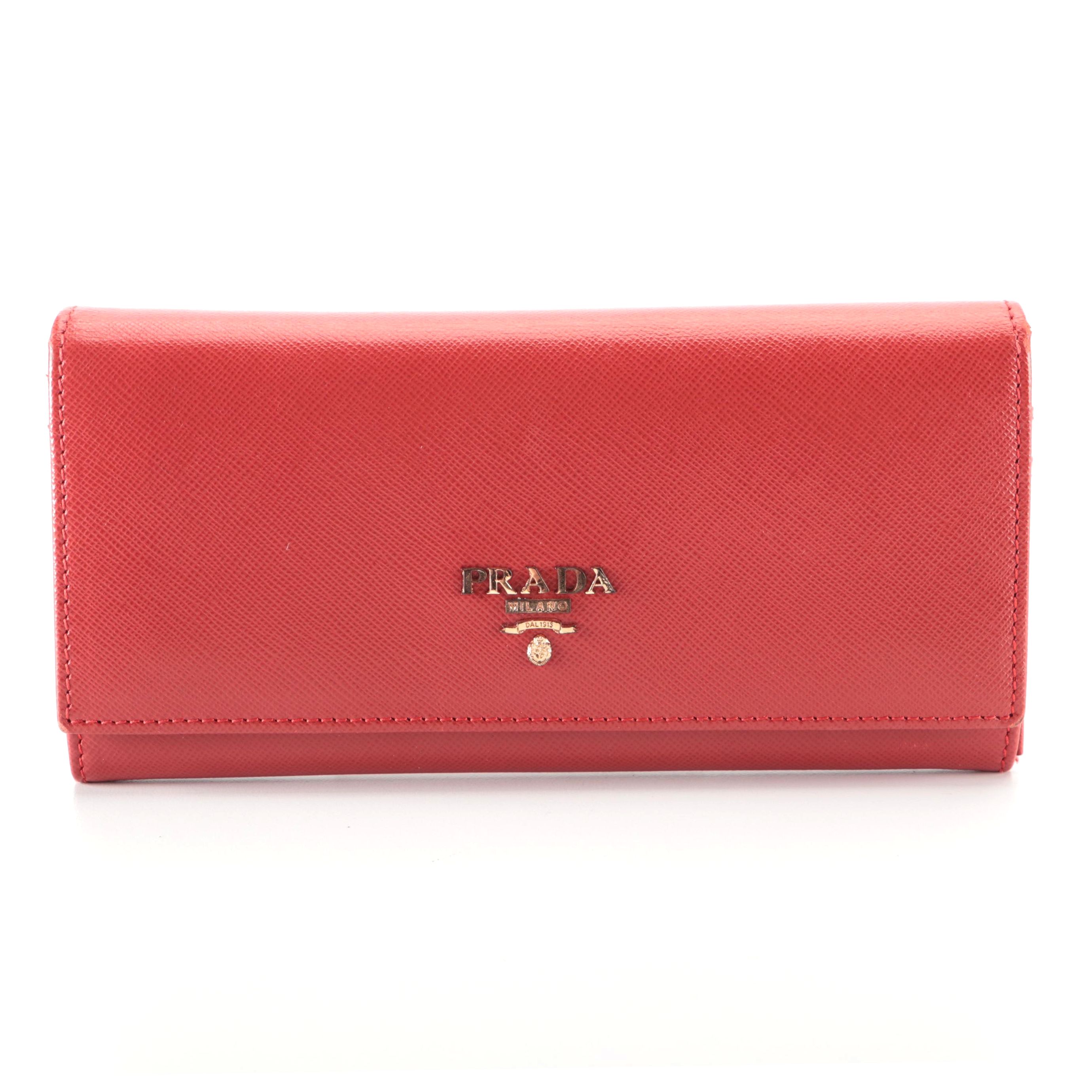 Prada Double-Snap Long Wallet in Red Saffiano Leather