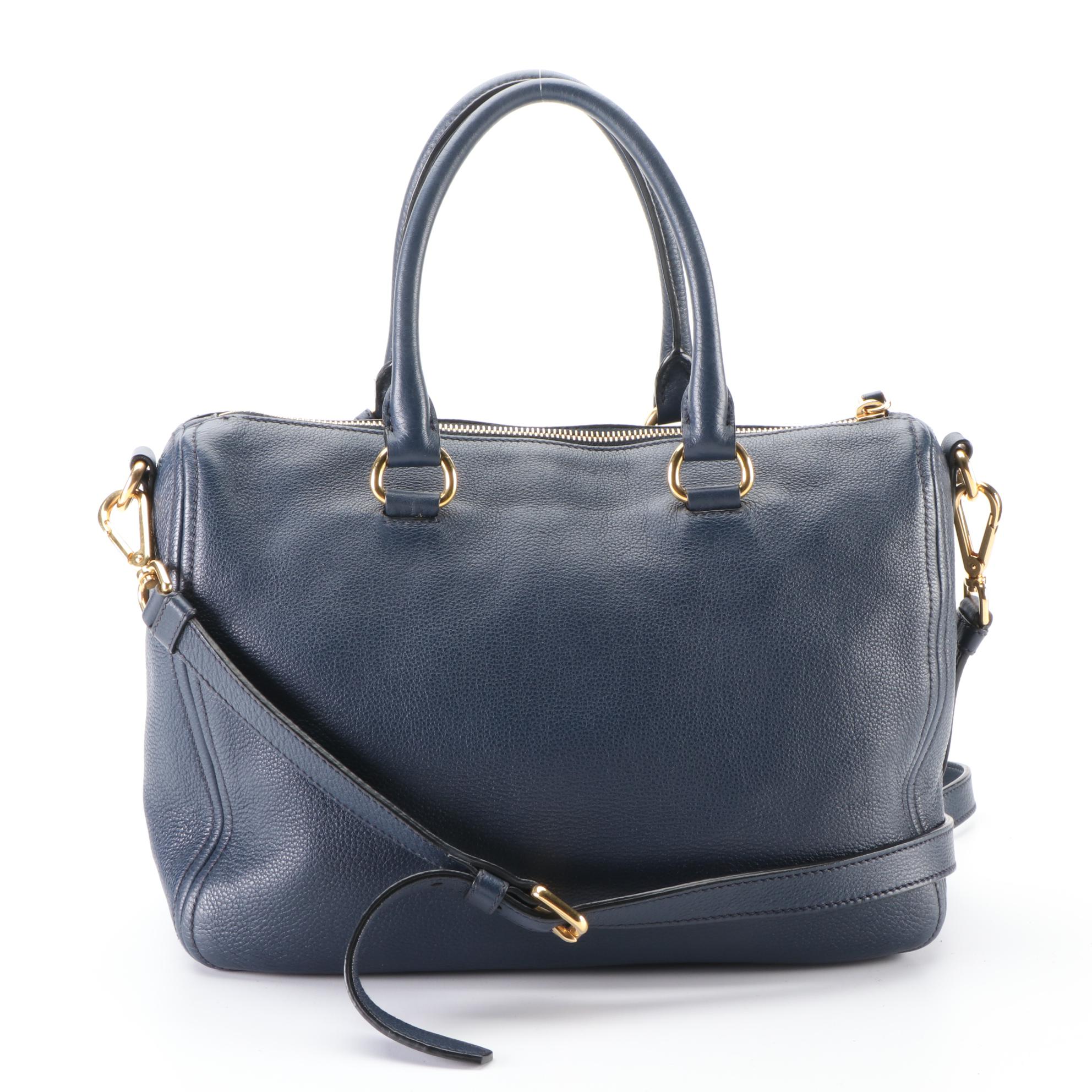 Prada Boston Bag in Blue Grained Leather