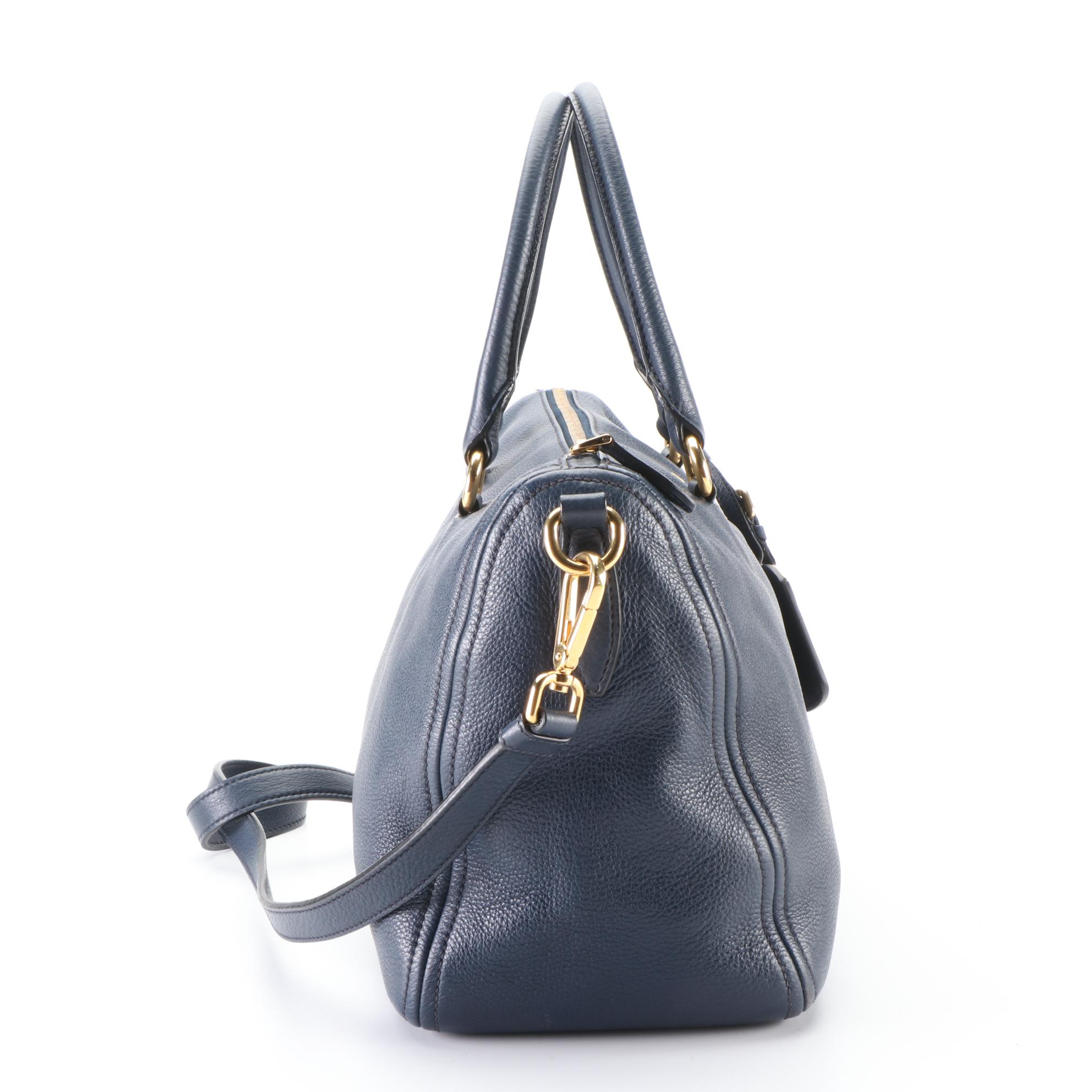 Prada Boston Bag in Blue Grained Leather