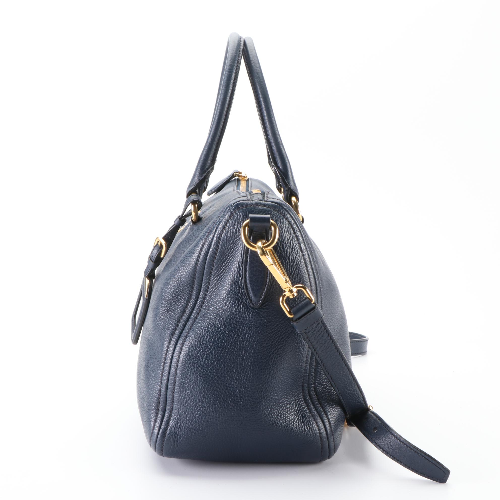 Prada Boston Bag in Blue Grained Leather