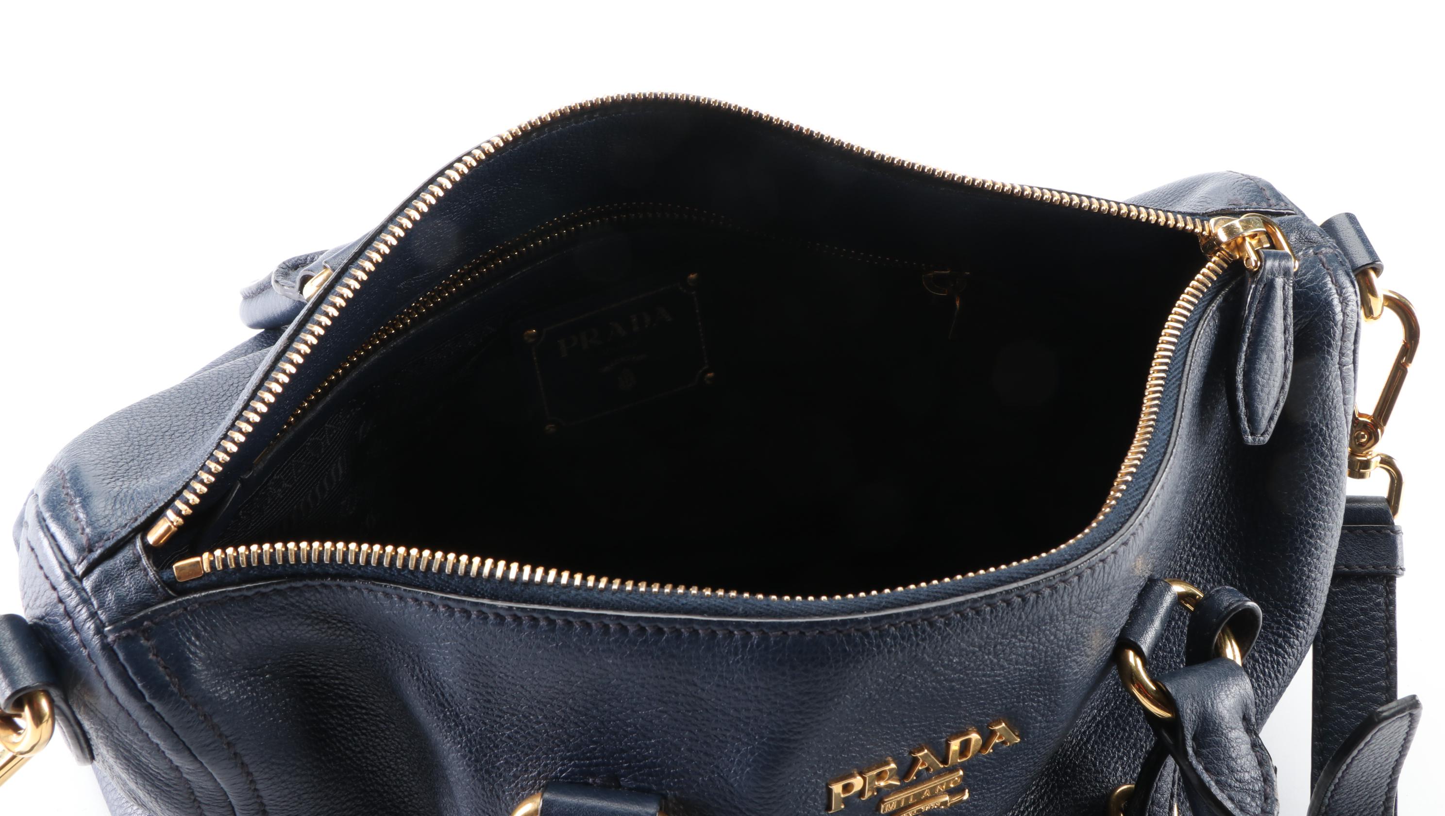 Prada Boston Bag in Blue Grained Leather