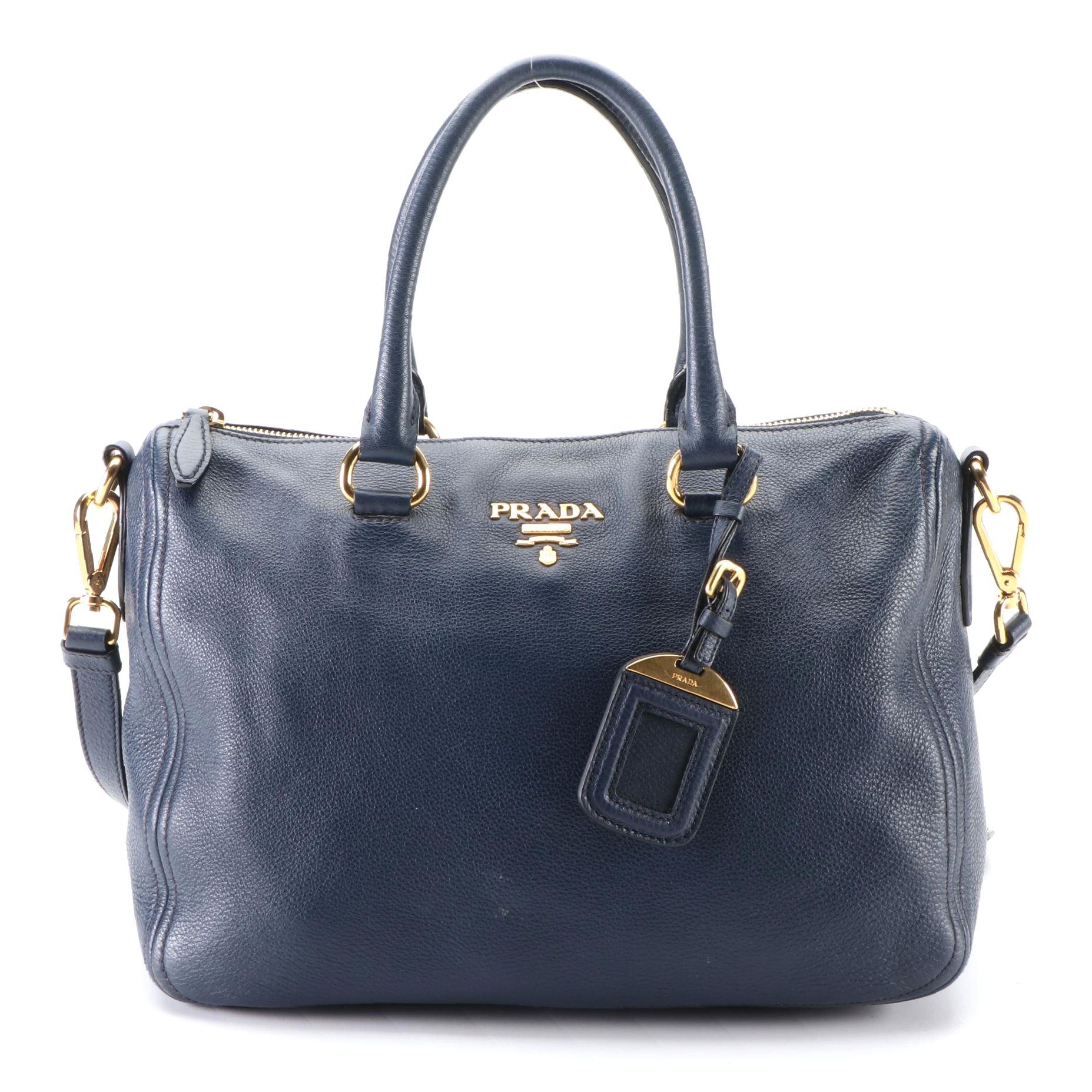 Prada Boston Bag in Blue Grained Leather