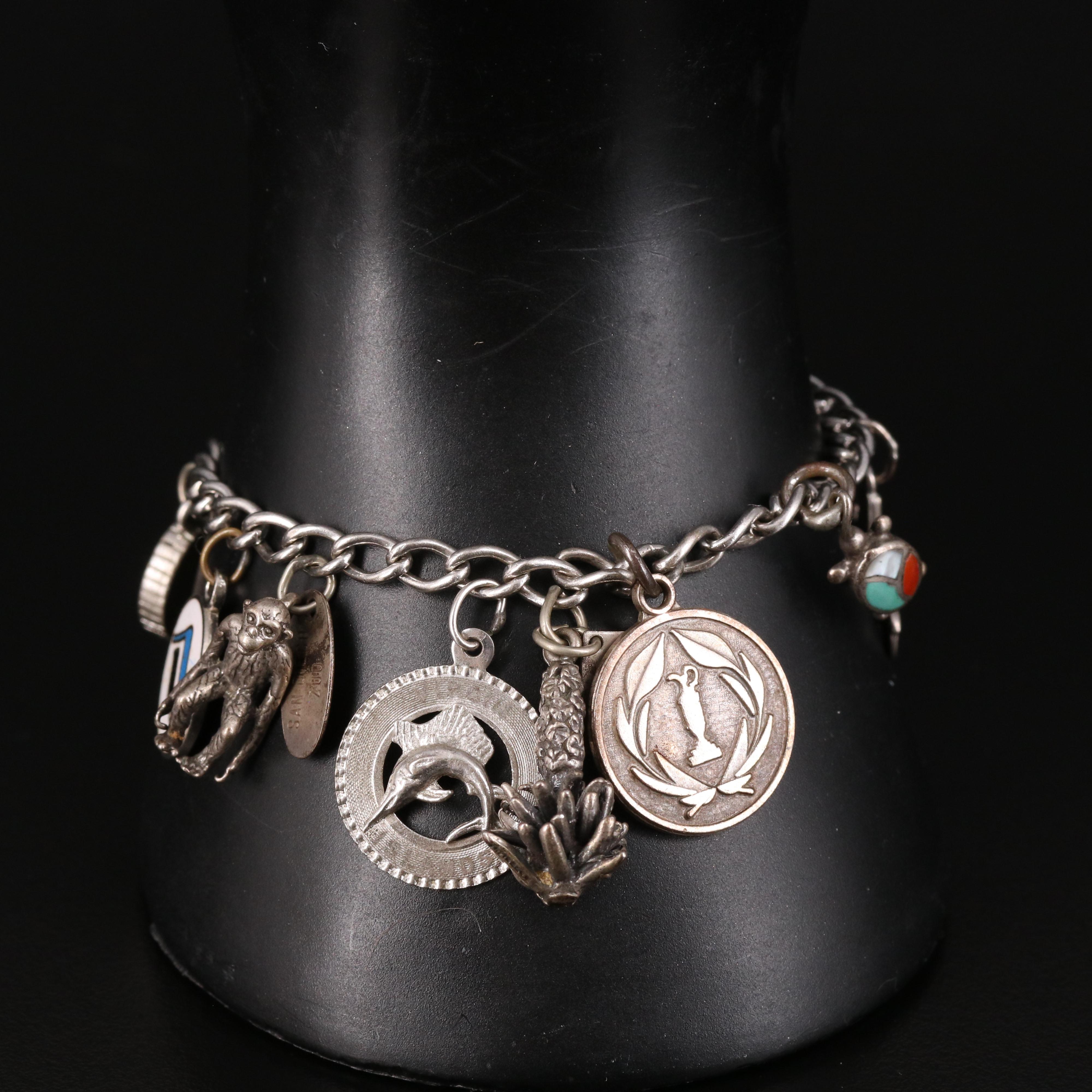 Vintage Sterling Charm Bracelet Featuring Travel Charms
