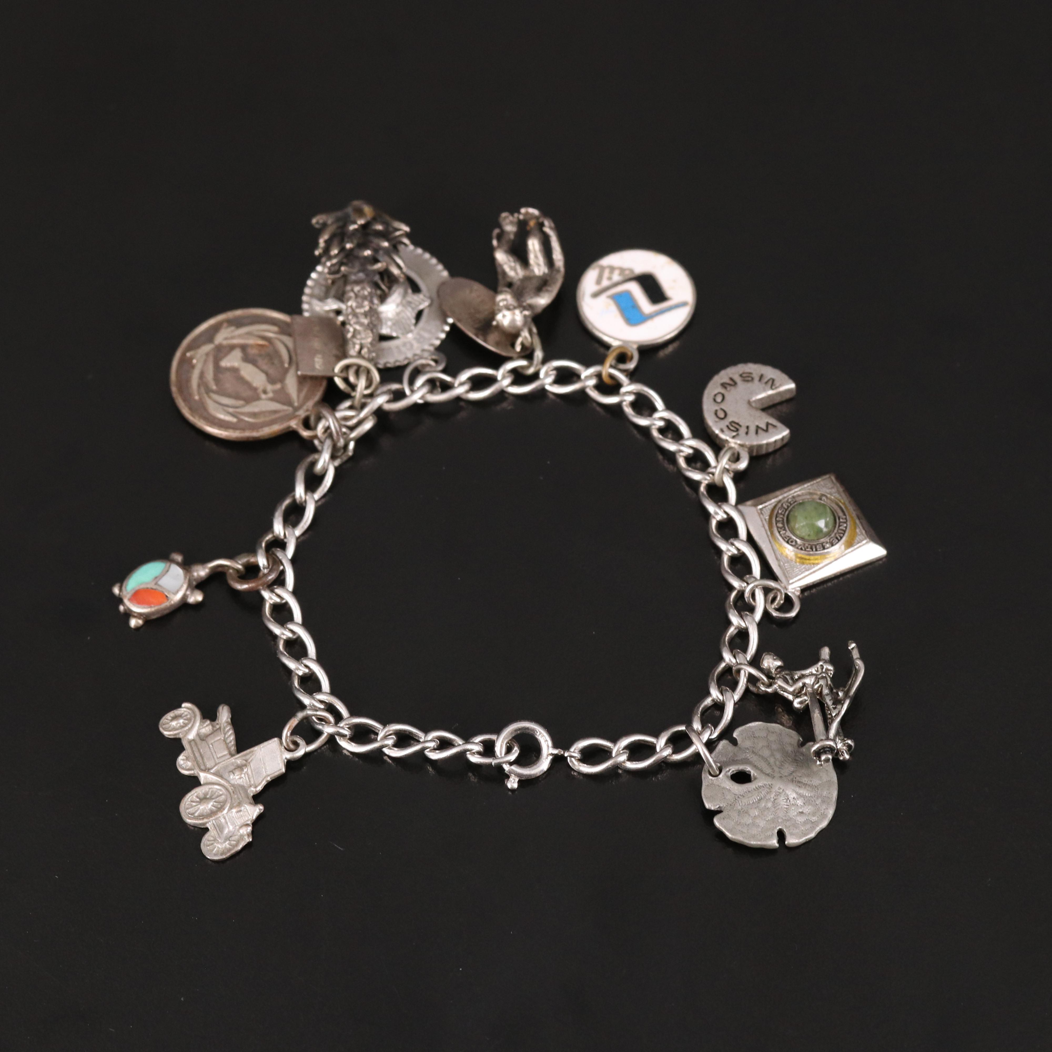 Vintage Sterling Charm Bracelet Featuring Travel Charms