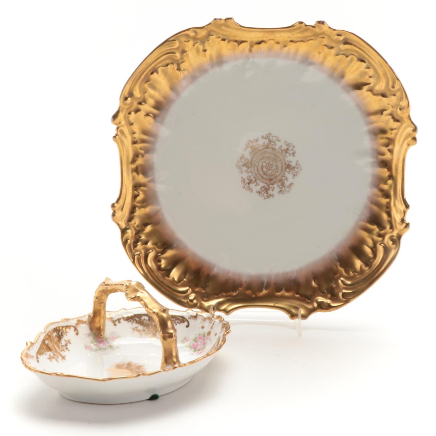 French Gilt Limoges Porcelain Cabinet Plate and Bonbon Basket