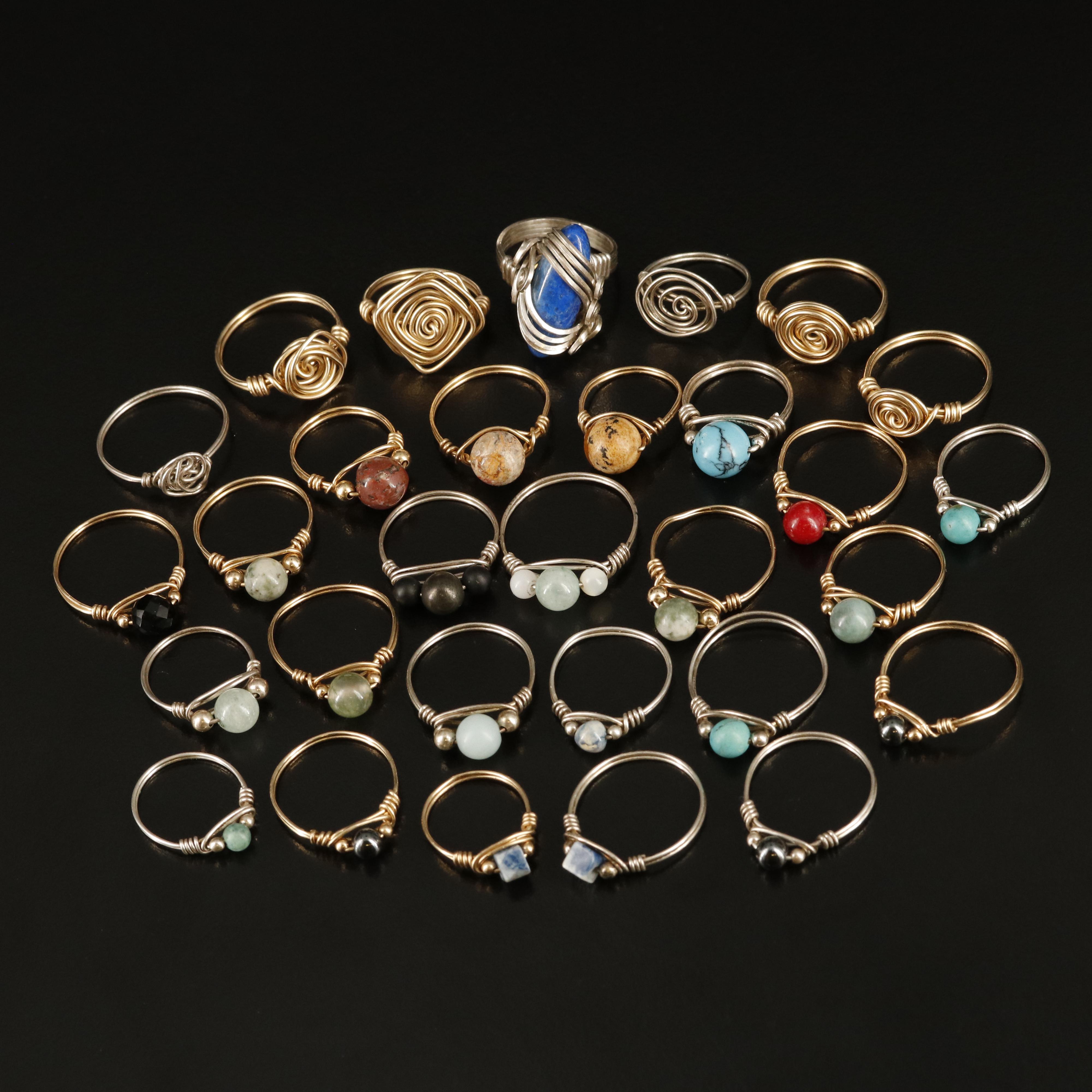 Sterling Wire Rings with Sterling, Aventurine, Mother-of-Pearl and Hematite