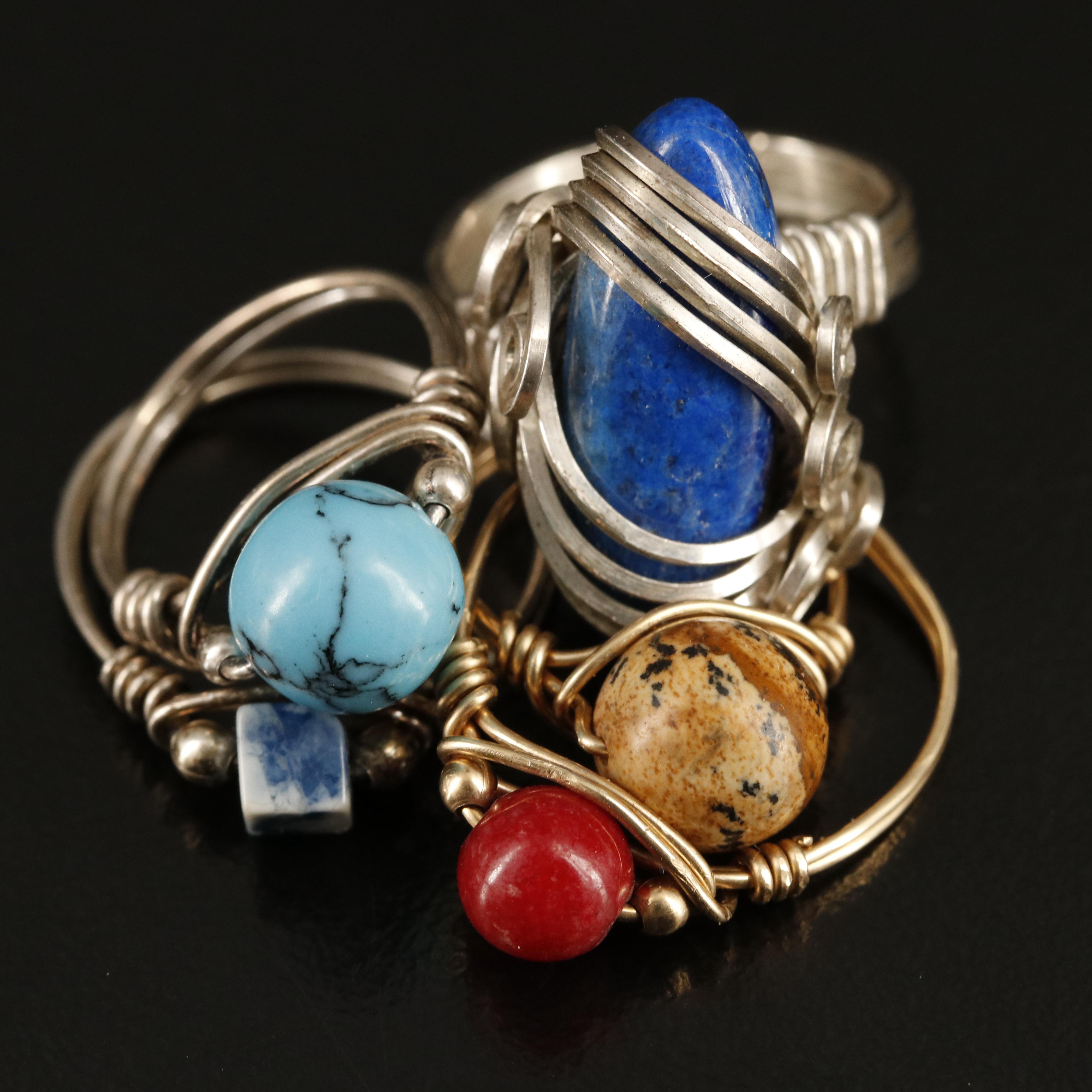 Sterling Wire Rings with Sterling, Aventurine, Mother-of-Pearl and Hematite