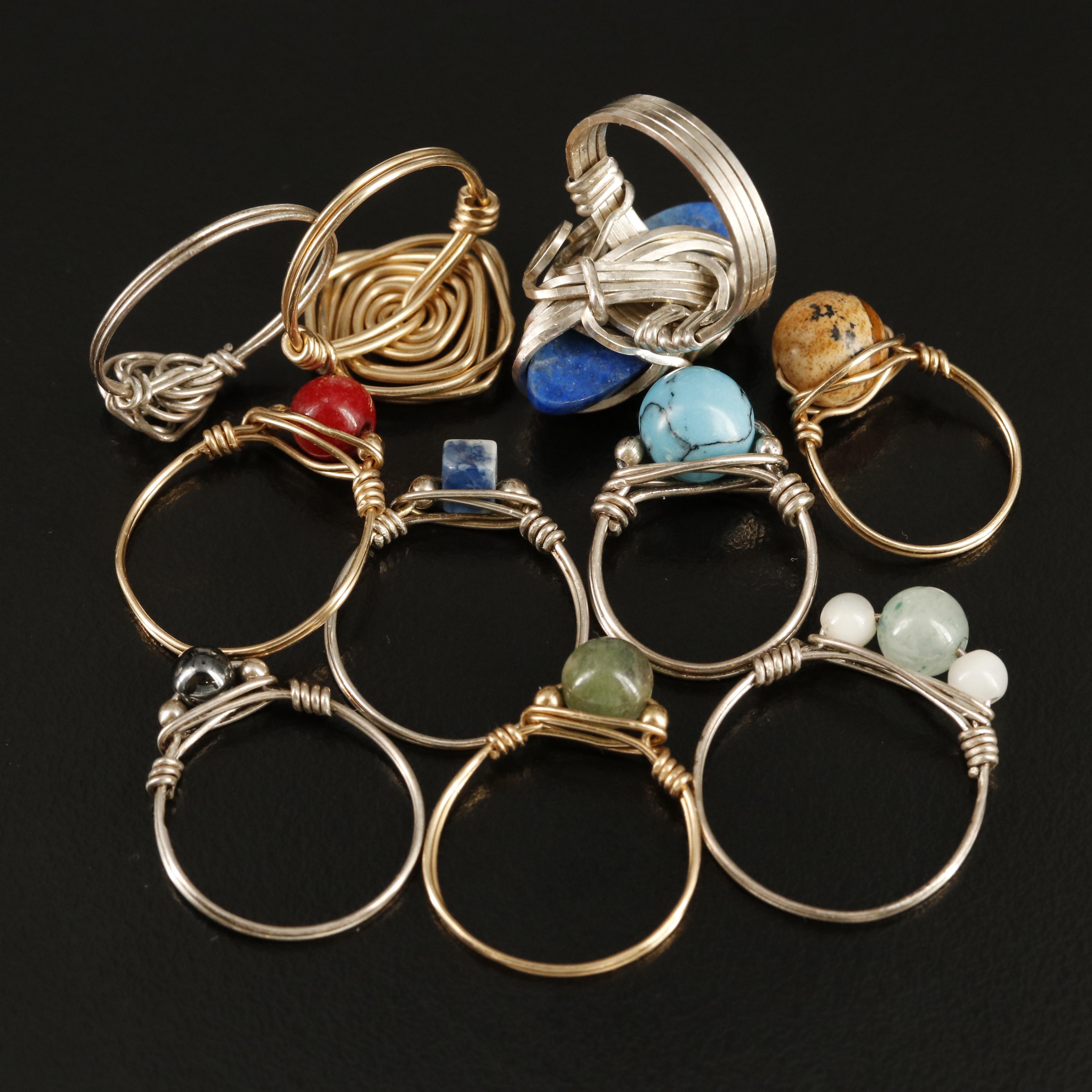 Sterling Wire Rings with Sterling, Aventurine, Mother-of-Pearl and Hematite