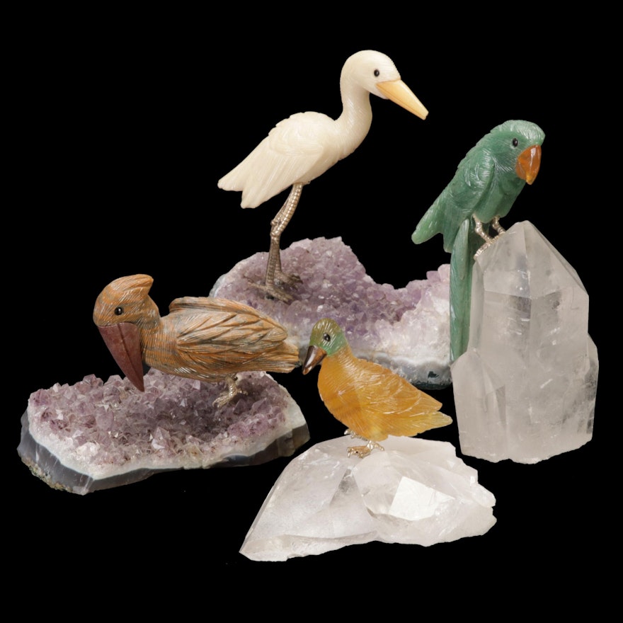 Carved Calcite, Fluorite, and Other Stone Birds on Amethyst and Quartz Bases