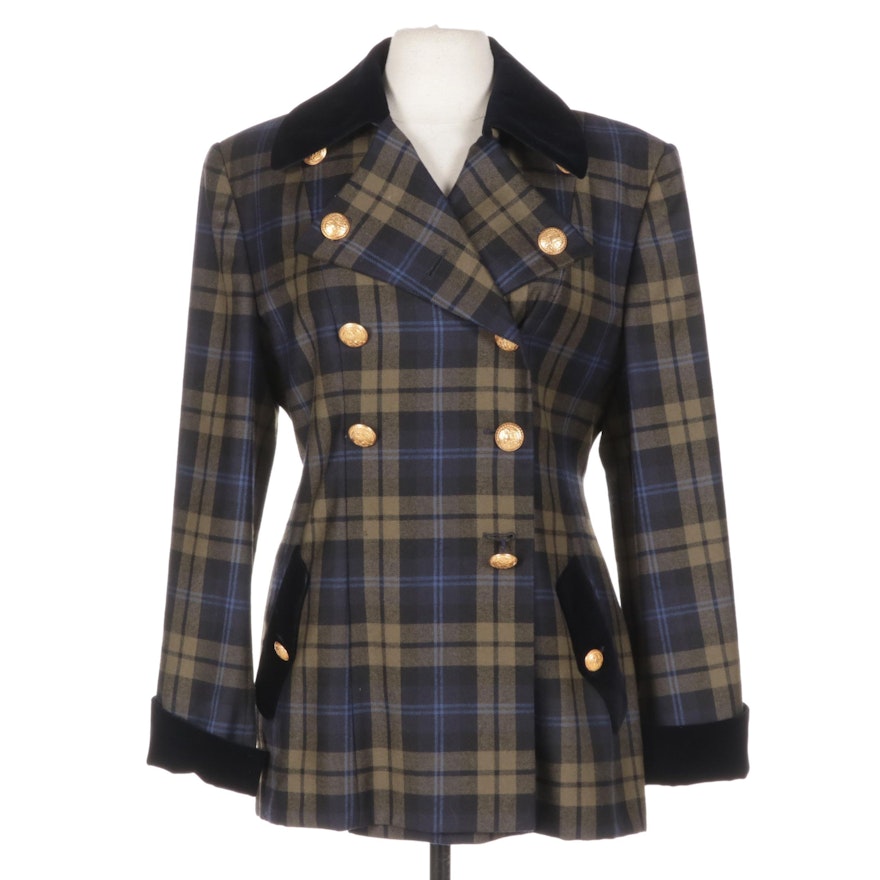 Mondi Blue Plaid Double-Breasted Wool Blazer with Gold Accents