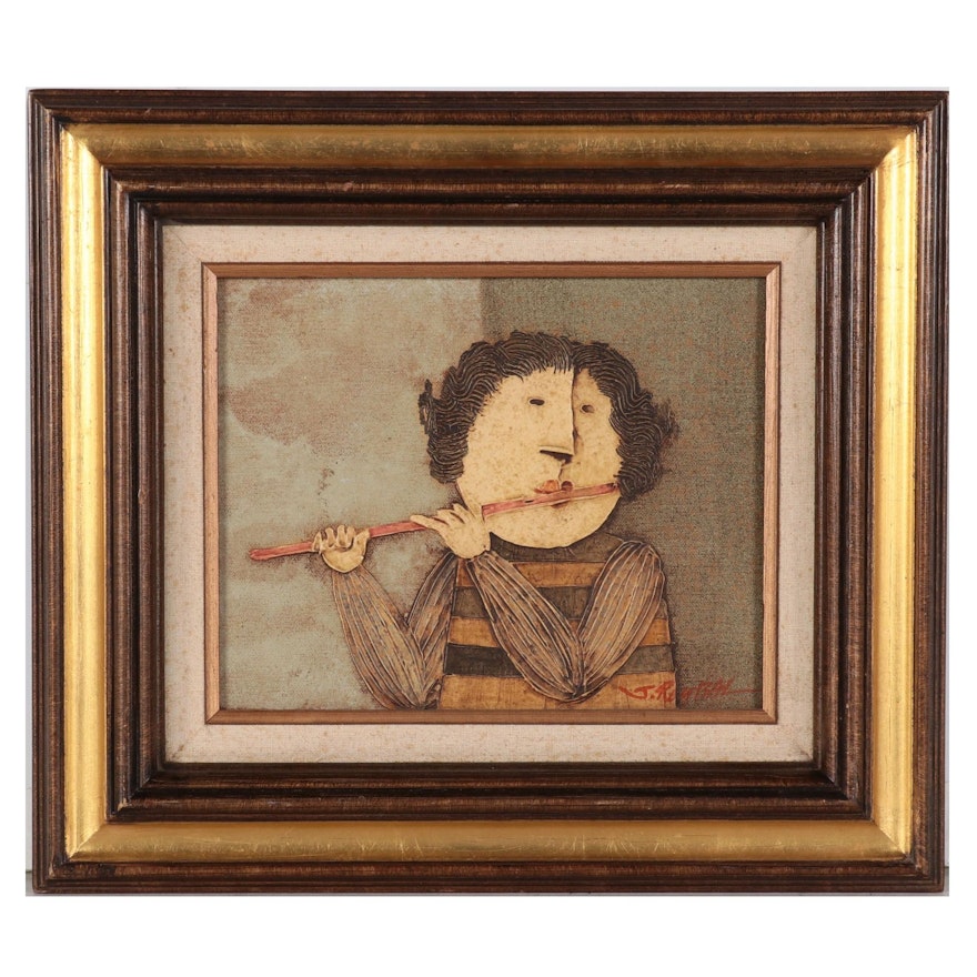 J. Roybal Mixed Media Painting of Flautist, Late 20th Century