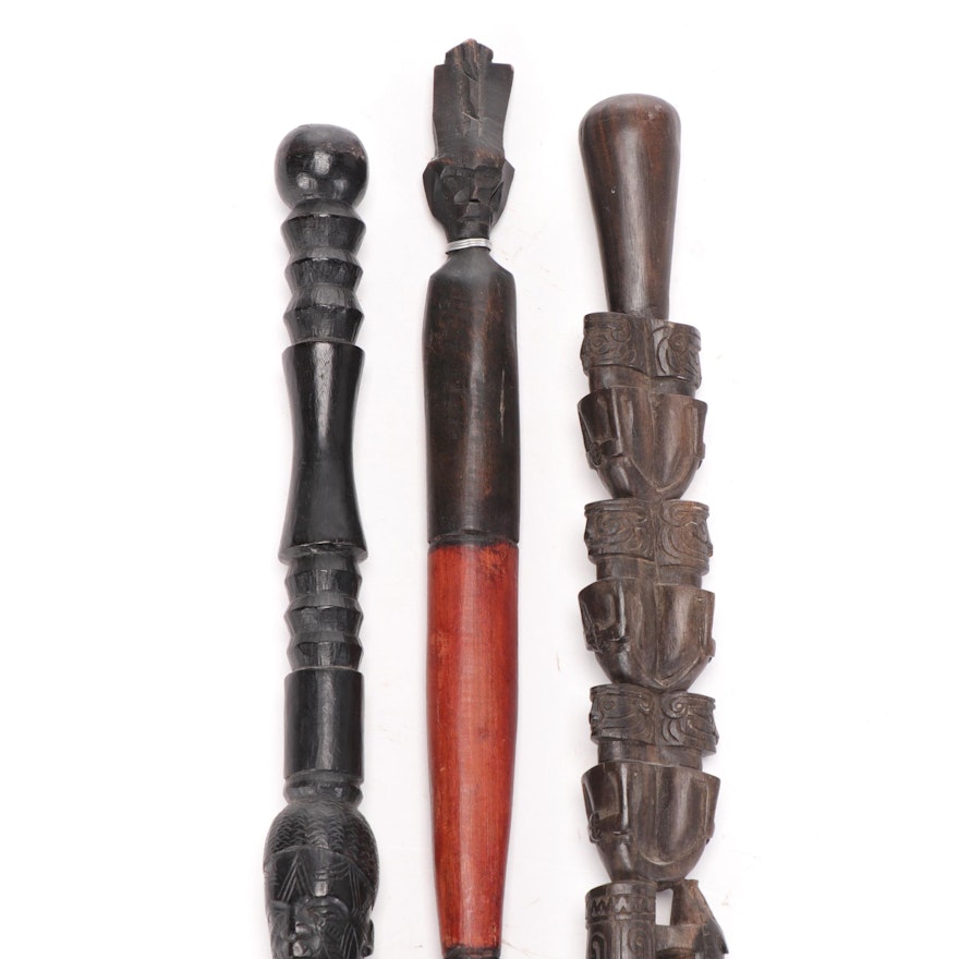 East African and Oceanic Style Carved Wood Staffs, 20th Century