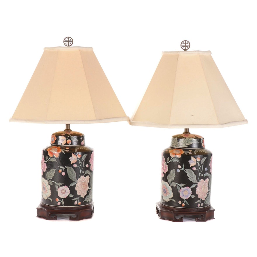 Pair of Chinese Famille Noir Porcelain Ginger Jar Table Lamps, Late 20th Century