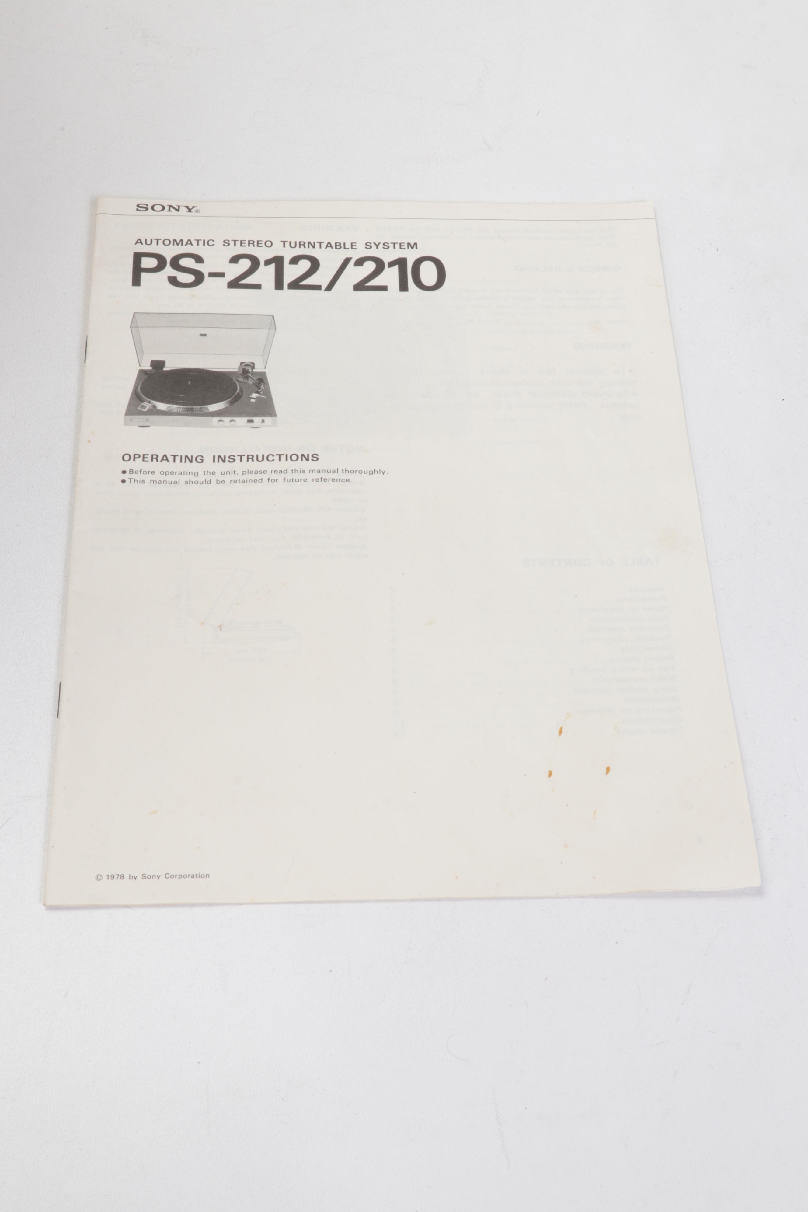 Sony PS-212 Stereo Turntable System and Marantz Stereophonic Receiver