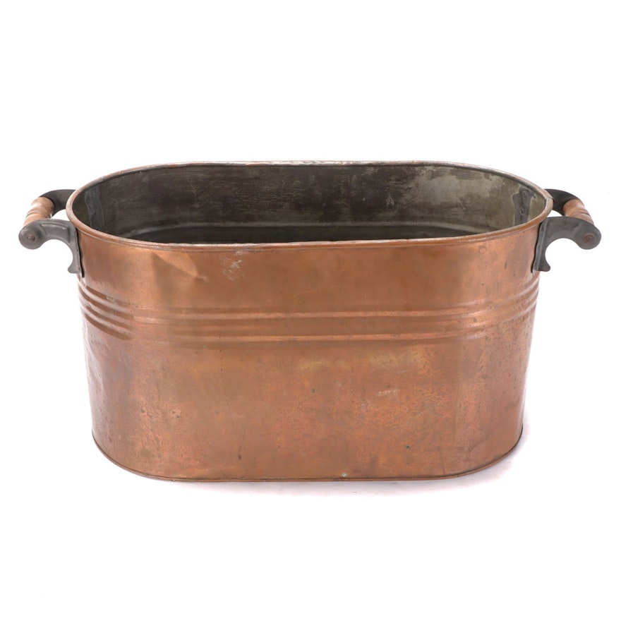 Tin Lined Copper Boiler Tub with Wooden Handles, Late 19th to Early 20th Century