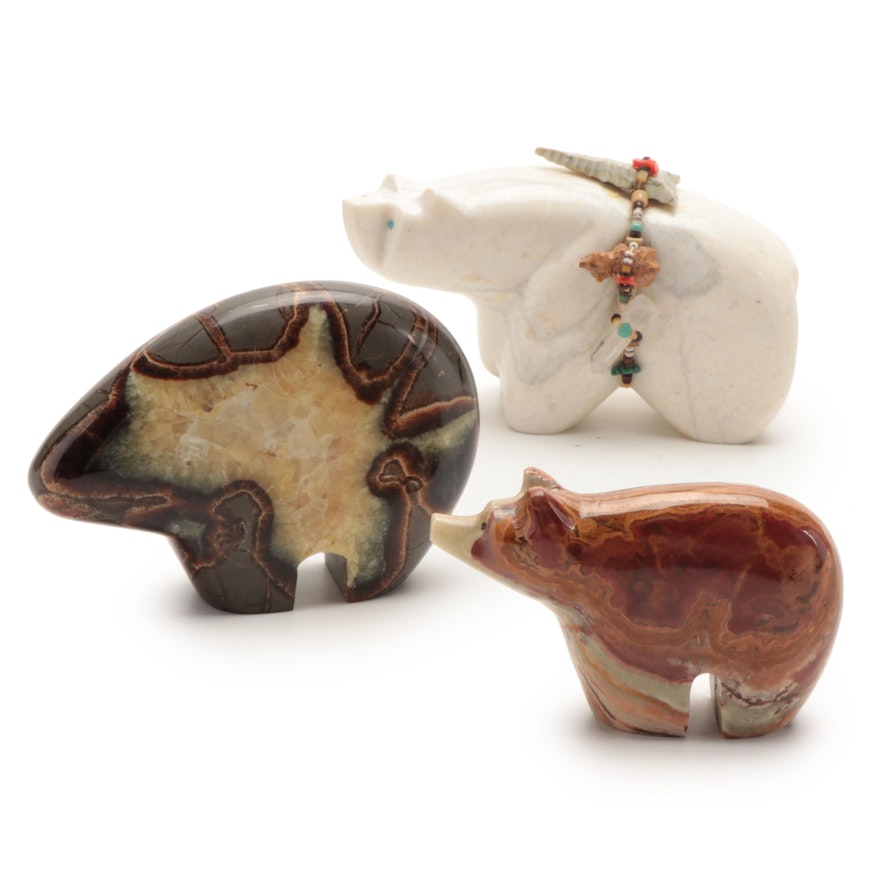 Zuni Hand-Carved Septarian Nodule, Magnesite, and Onyx Fetish Bears