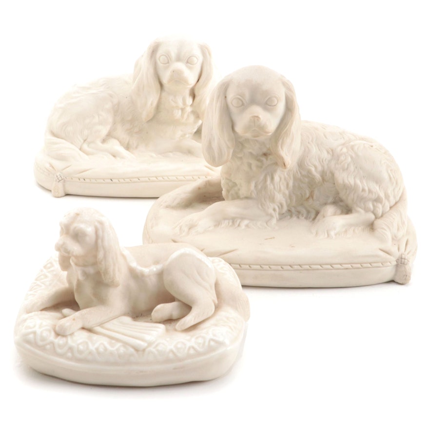 Belleek Porcelain "Spaniel Dog" with Other Cavalier King Charles Spaniel Figures