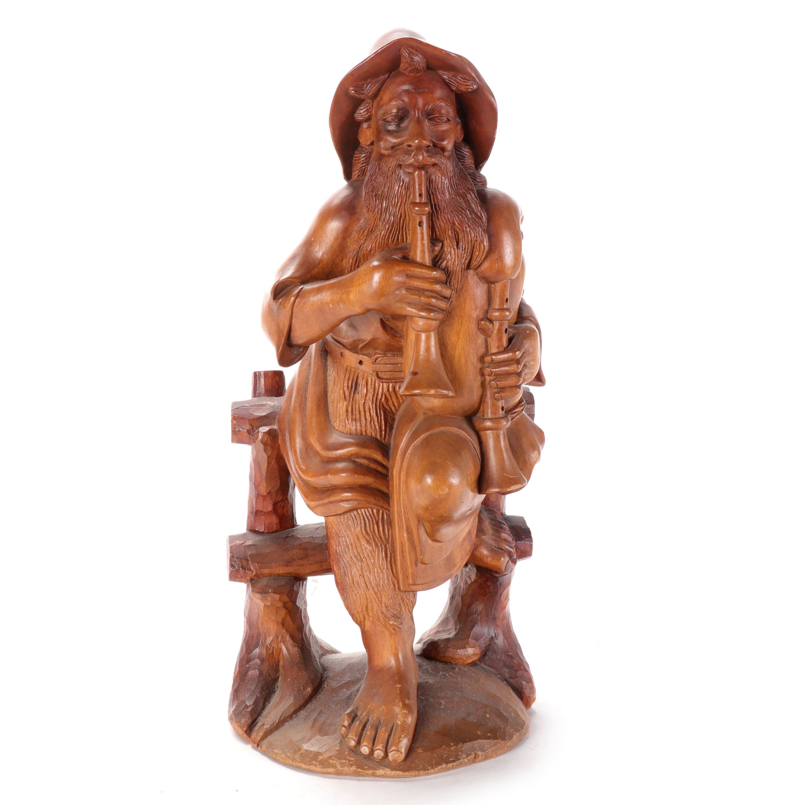 Folk Art Carved Shepard Playing Duda Bagpipe | EBTH