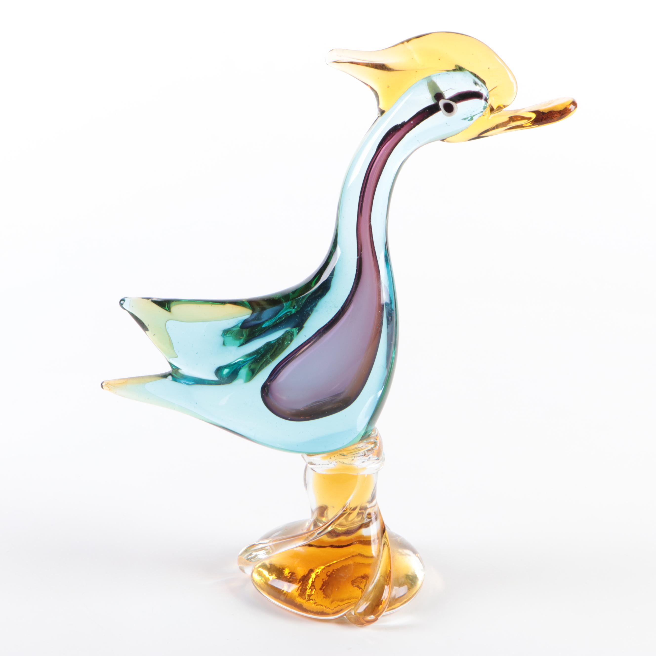 Murano Style Sommerso Art Glass Bird Figurine and Mexican Art Glass Owl Figurine