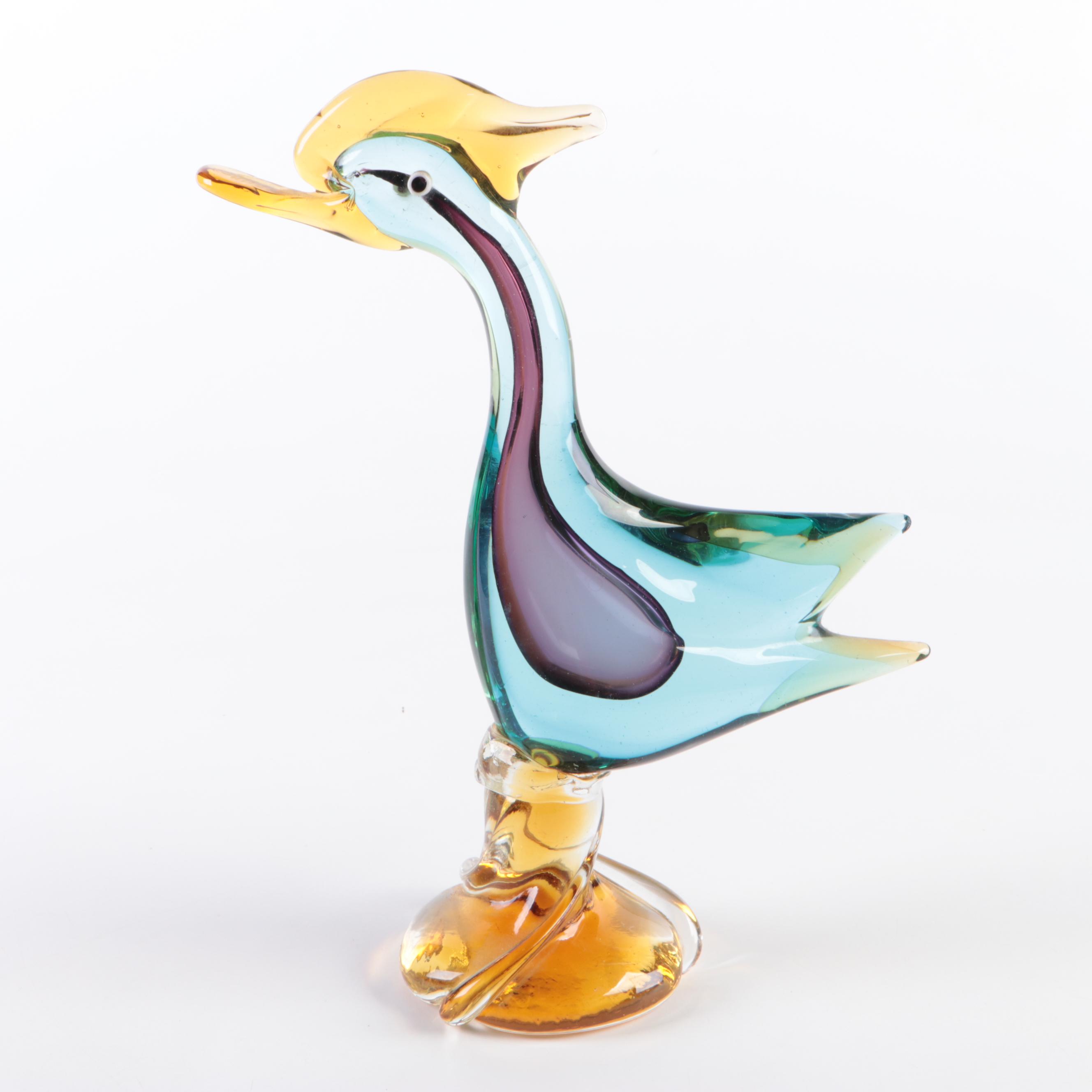 Murano Style Sommerso Art Glass Bird Figurine and Mexican Art Glass Owl Figurine