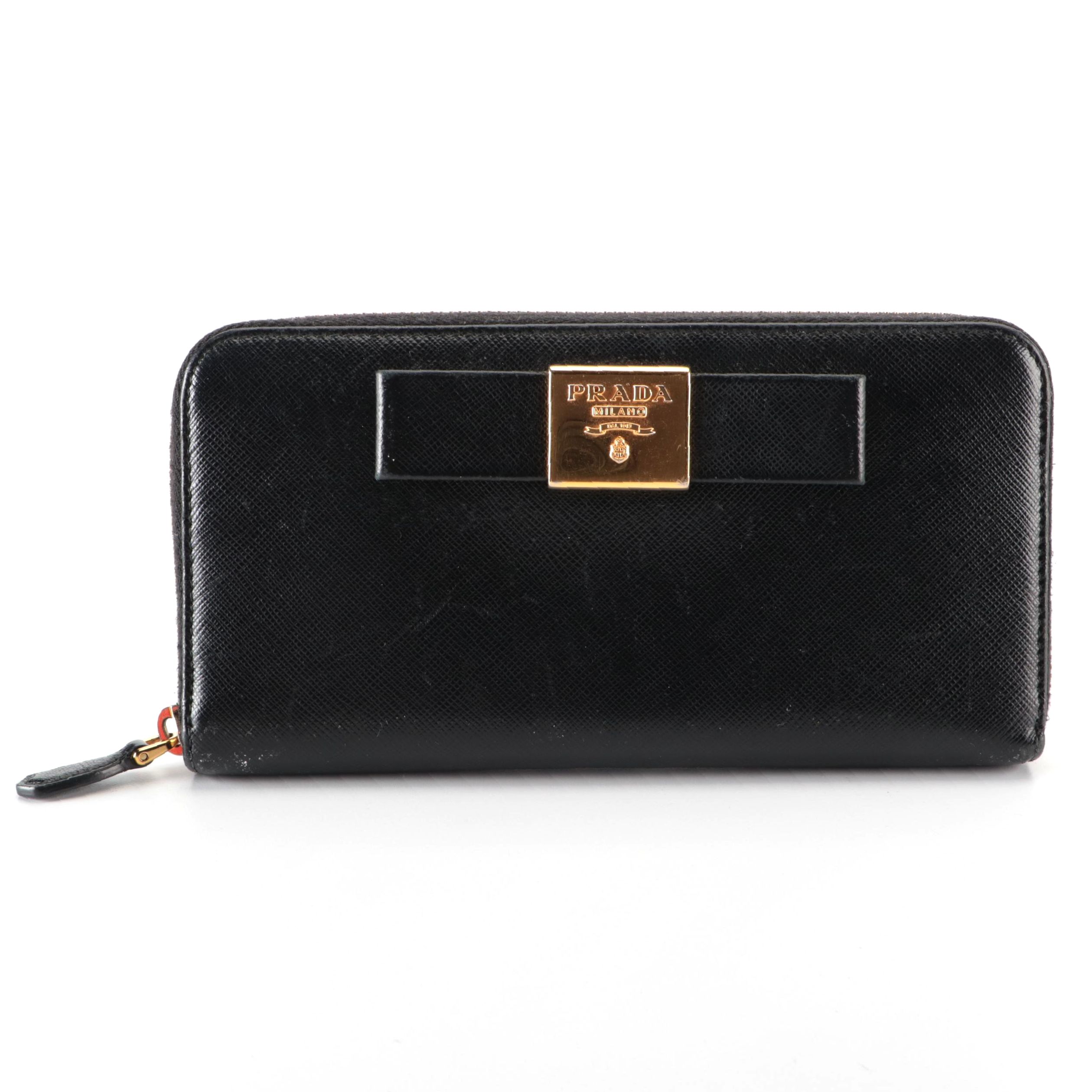 Prada Zip-Around Wallet in Black Saffiano Leather with Bow