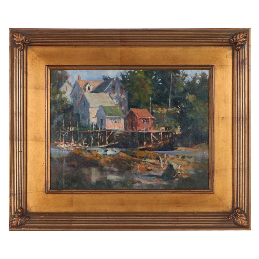 Ron Johnson Oil Painting "Cozy Harbor - Low Tide," 1999