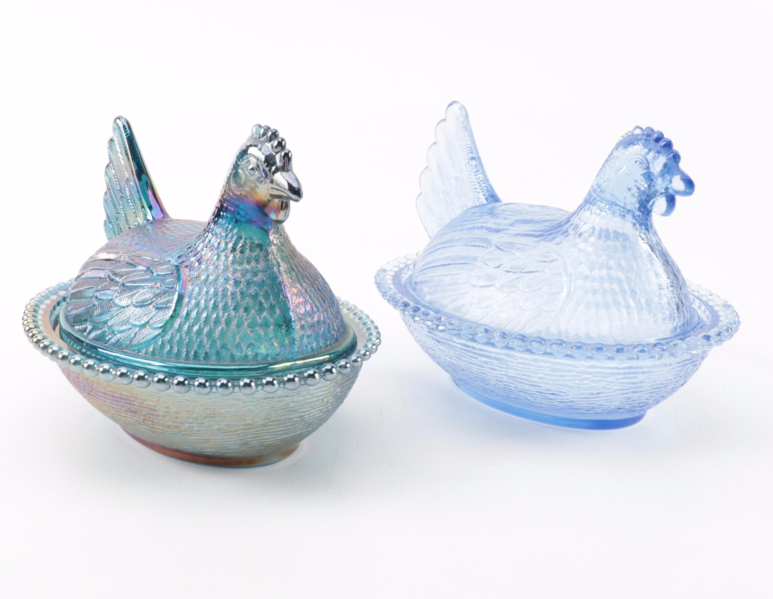 Indiana Blue Carnival, Mosser Amber Slag Glass and Other Hen on Nest Dishes